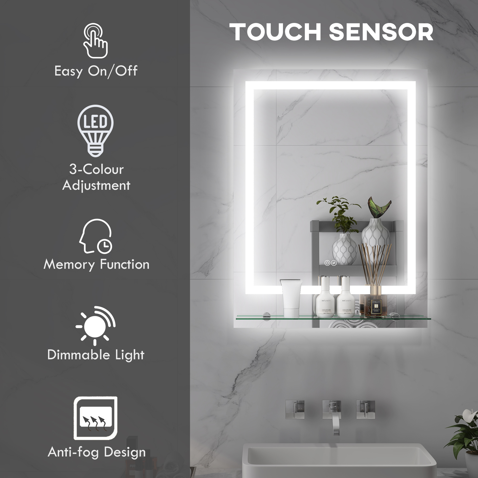 kleankin Large Vanity Mirror with Lights and Shelf, Illuminated bathroom Mirror with 3 Colour Brightness, Smart Touch, Anti-Fog 4