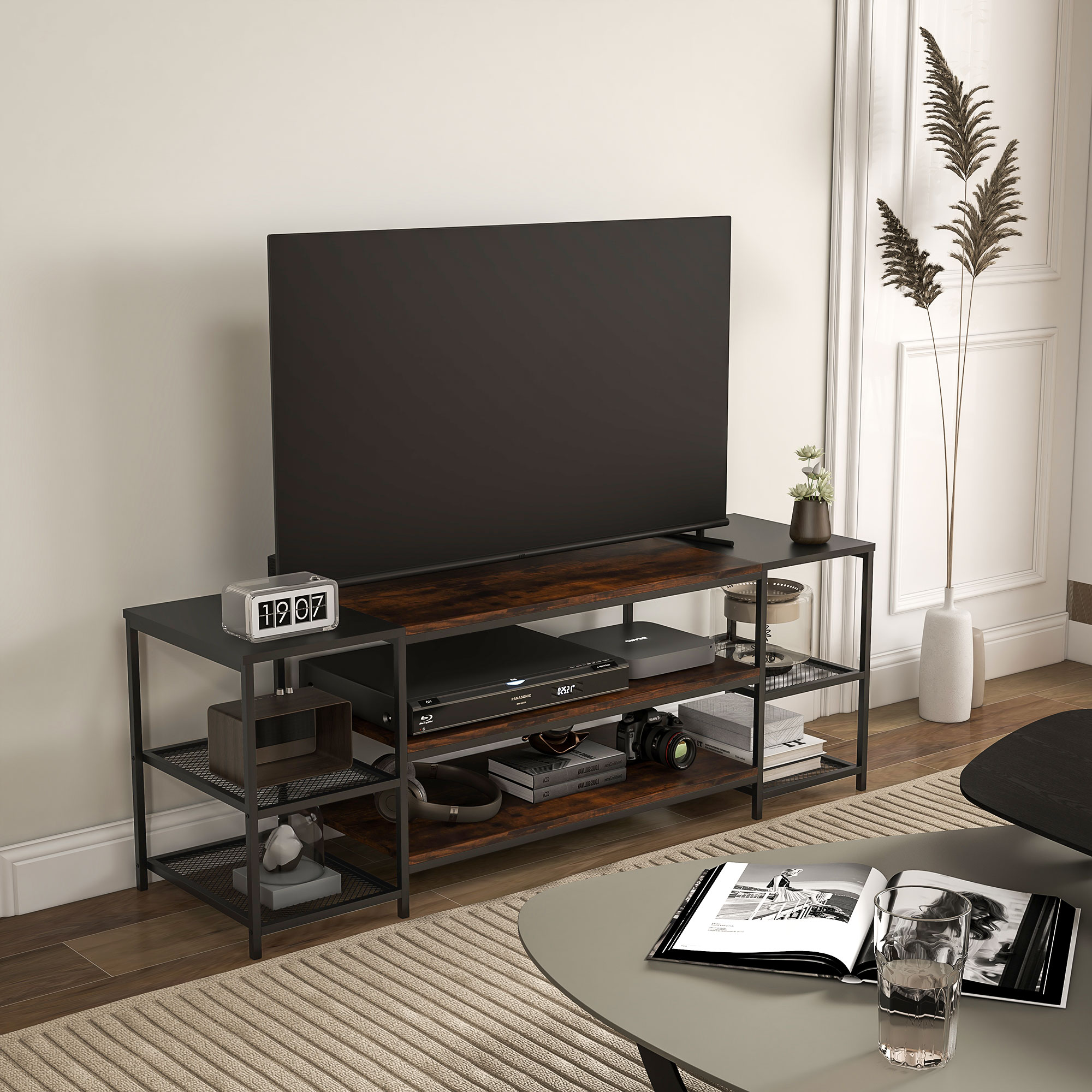 HOMCOM TV Unit Cabinet for TVs up to 60 Inches, Industrial TV Stand with Storage Shelves for Living Room, Brown and Black 2