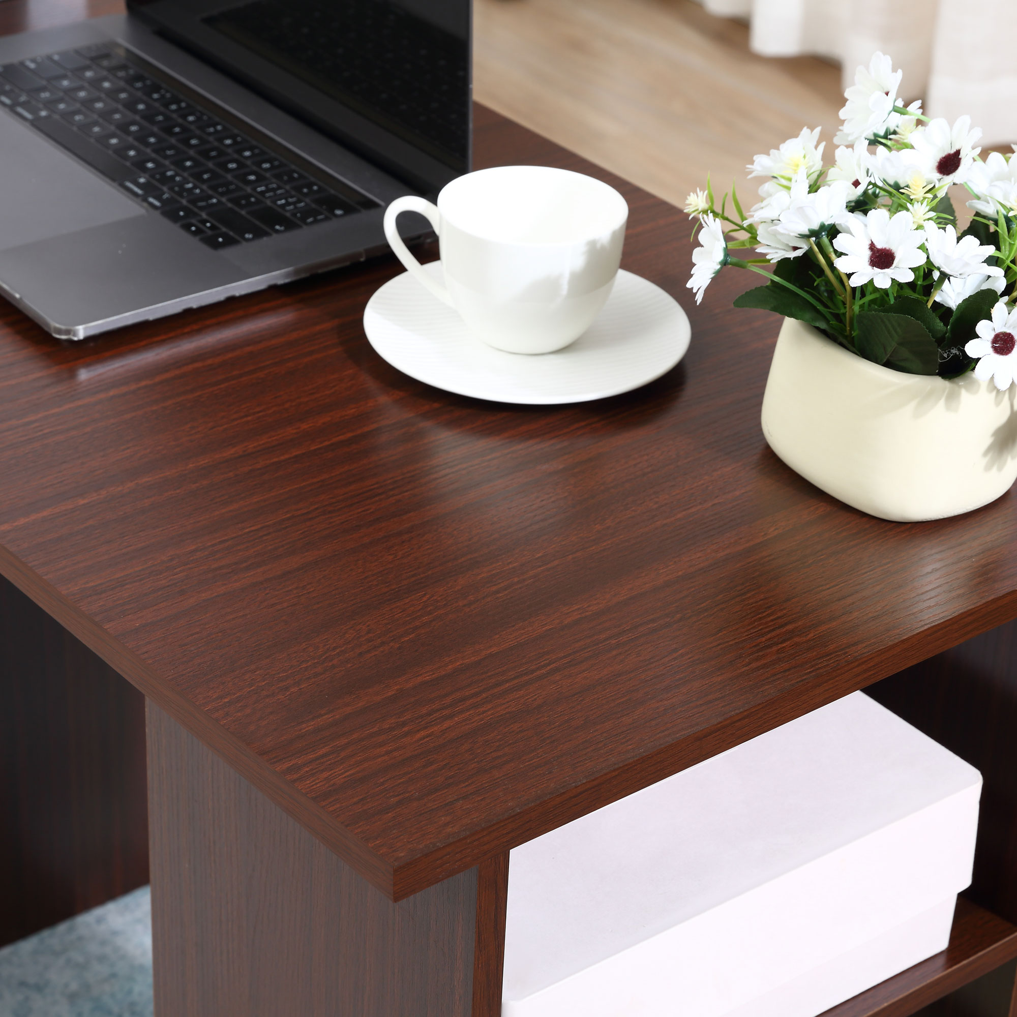 HOMCOM Computer Desk, Writing Table, PC Workstation with 3 Storage Shelves and Drawers, Black Handle, for Home Office, Walnut Brown 8
