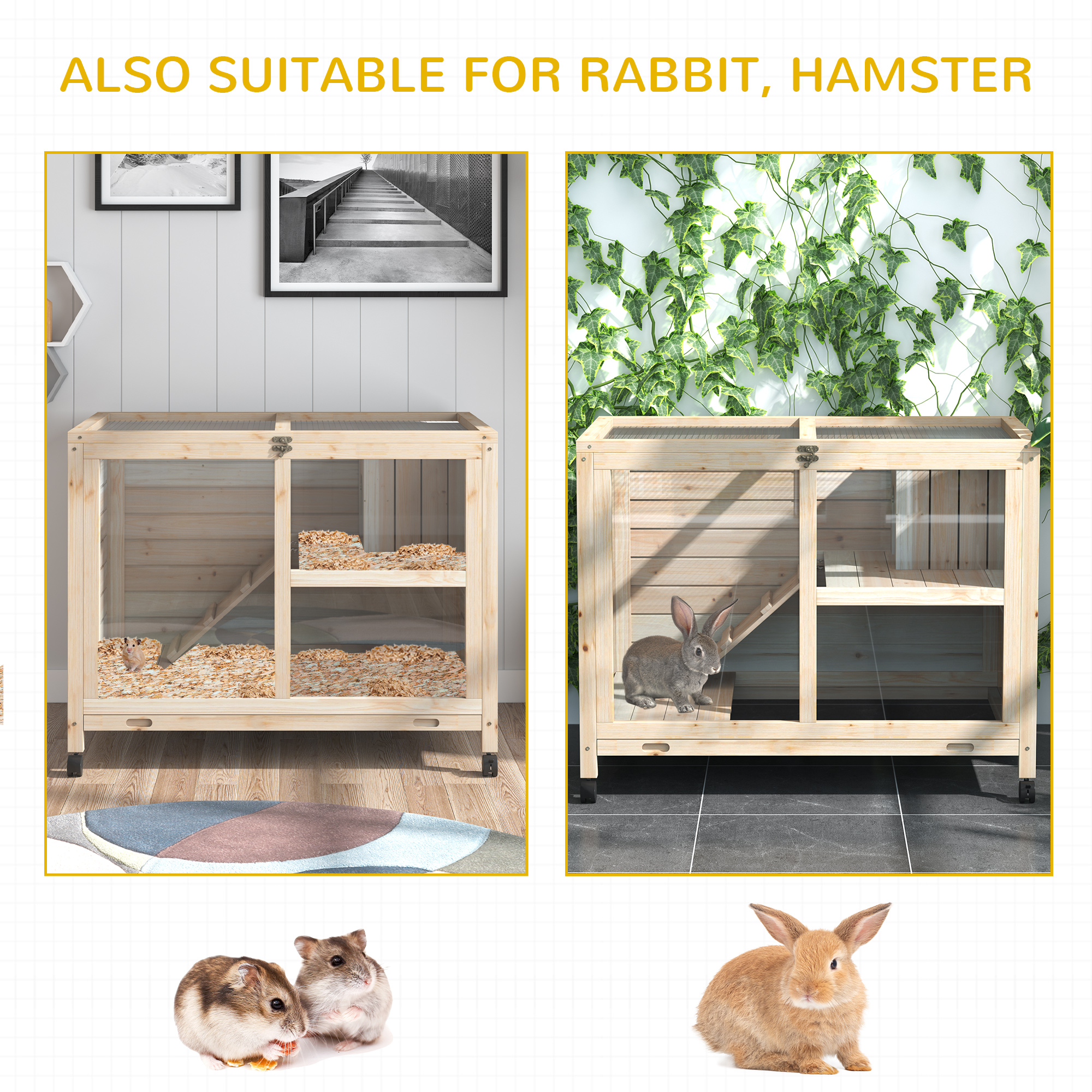 PawHut Rabbit Hutch Indoor Wooden Guinea Pig House Hamster Cage with Wheels, 2 Layers Bunny Cage with Openable Roof, 91.5 x 53.3 x 73 cm, Natural 7
