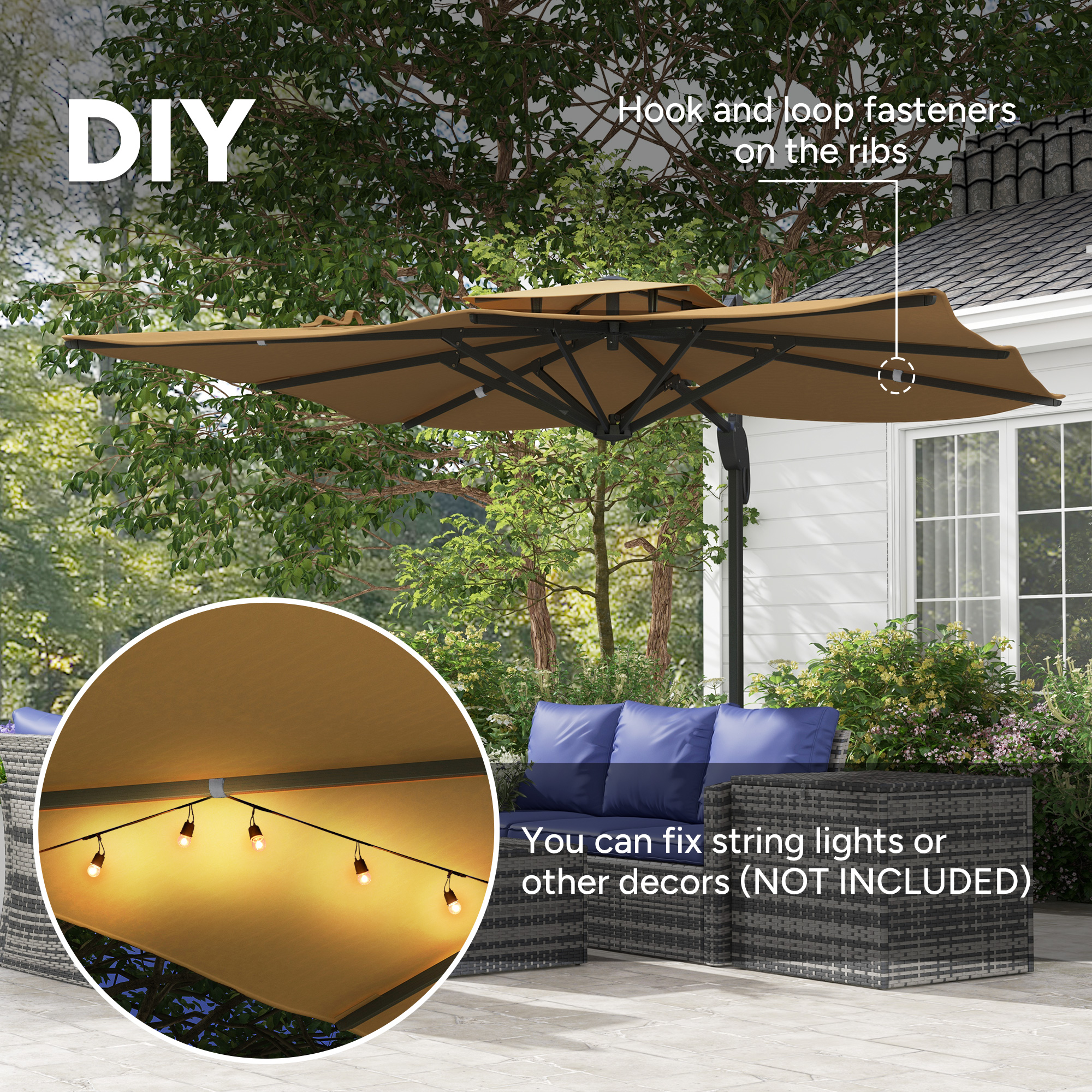 Outsunny Garden Parasol, 3(m) Cantilever Parasol with Hydraulic Mechanism, Dual Vented Top, 8 Ribs, Cross Base, Khaki 8