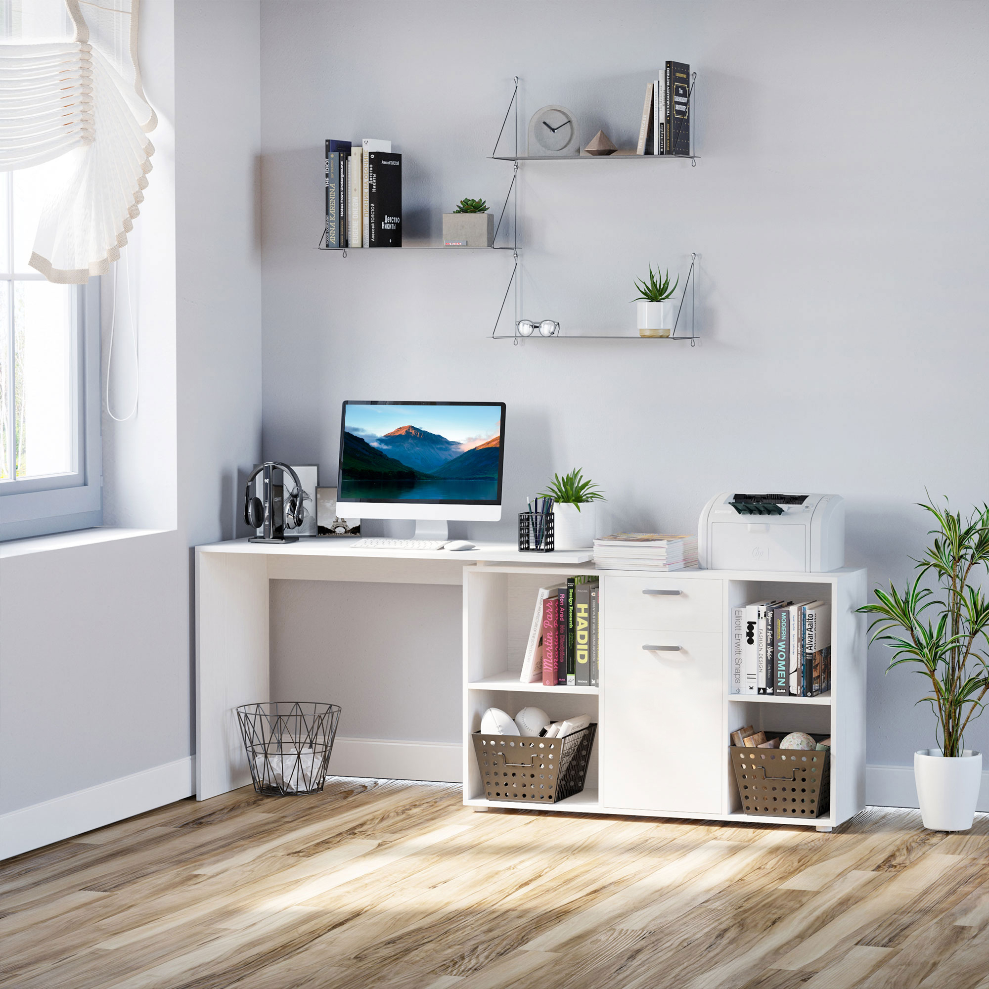 HOMCOM L-Shaped Computer Desk with Storage Compartments, Drawer and Cabinet, Laptop PC Corner Table, Home Office Workstation, 120 x 115 x 76cm, White 2