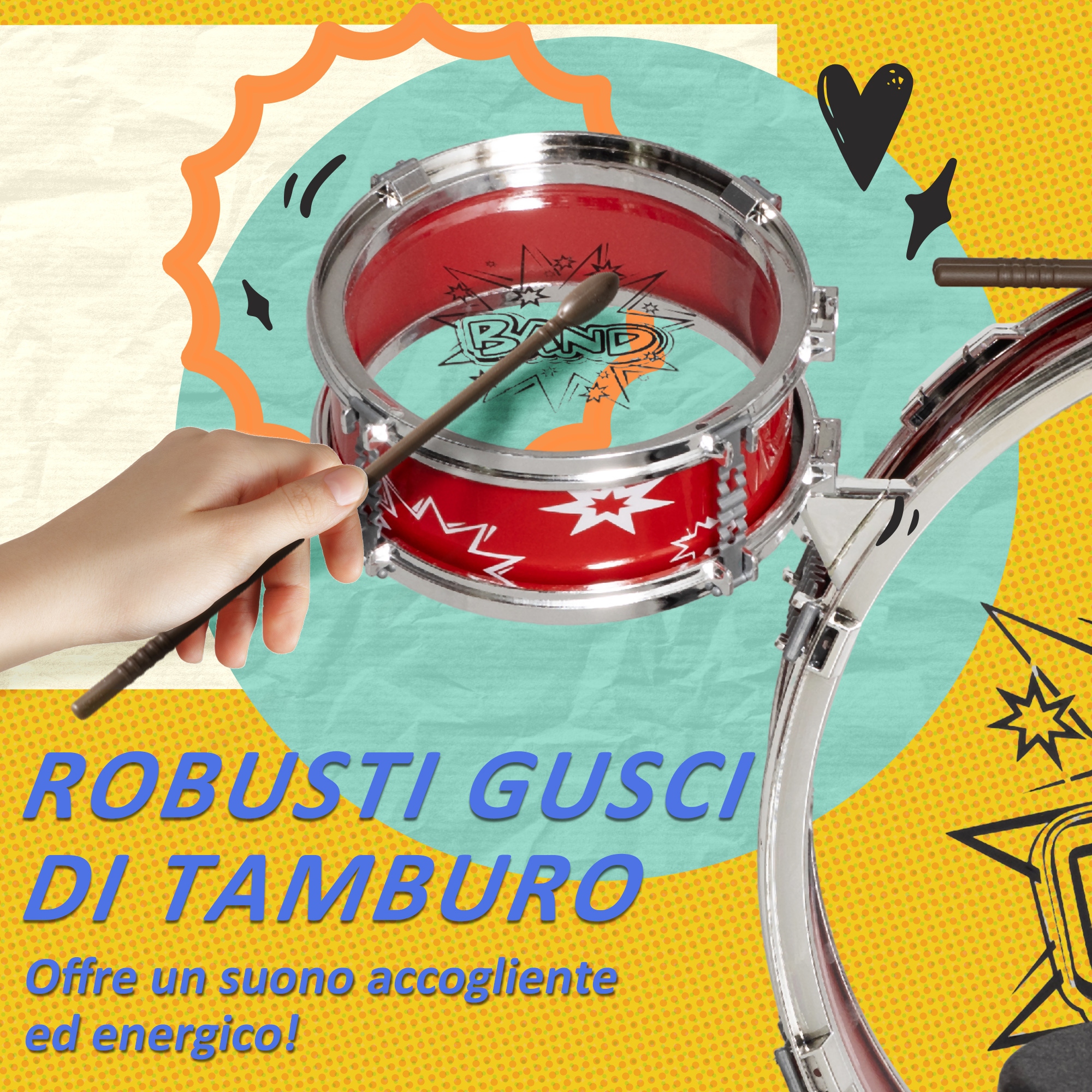Batteria Giocattolo AIYAPLAY 7 Pezzi Per Bambini 3-6 Anni – Con Sgabello E Piatto, 72x29x56 Cm, Rosso