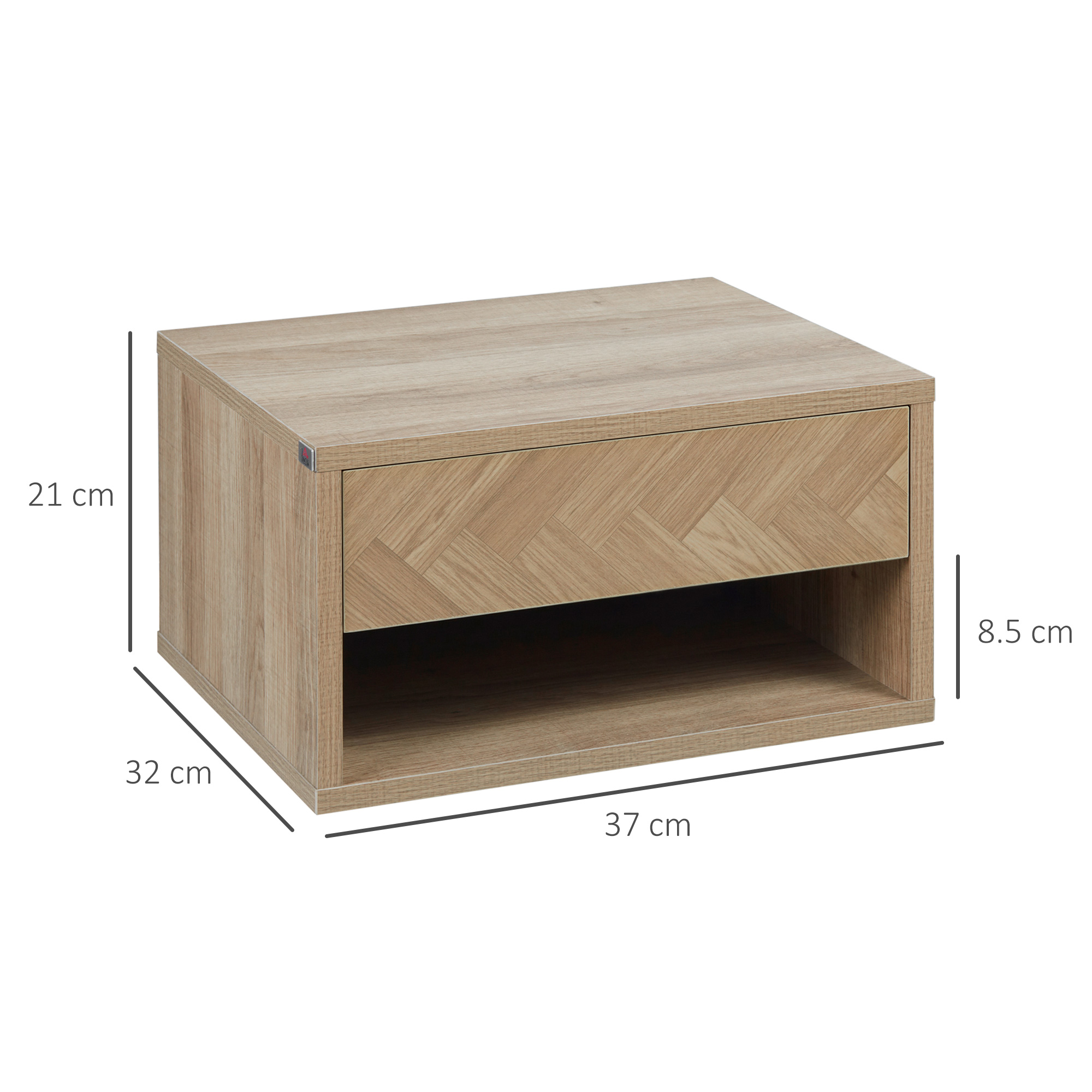 HOMCOM 2 Pieces Bedside Table Wall Mounted Nightstand with Drawer and Shelf for Bedroom, 37 x 32 x 21cm, Natural 3