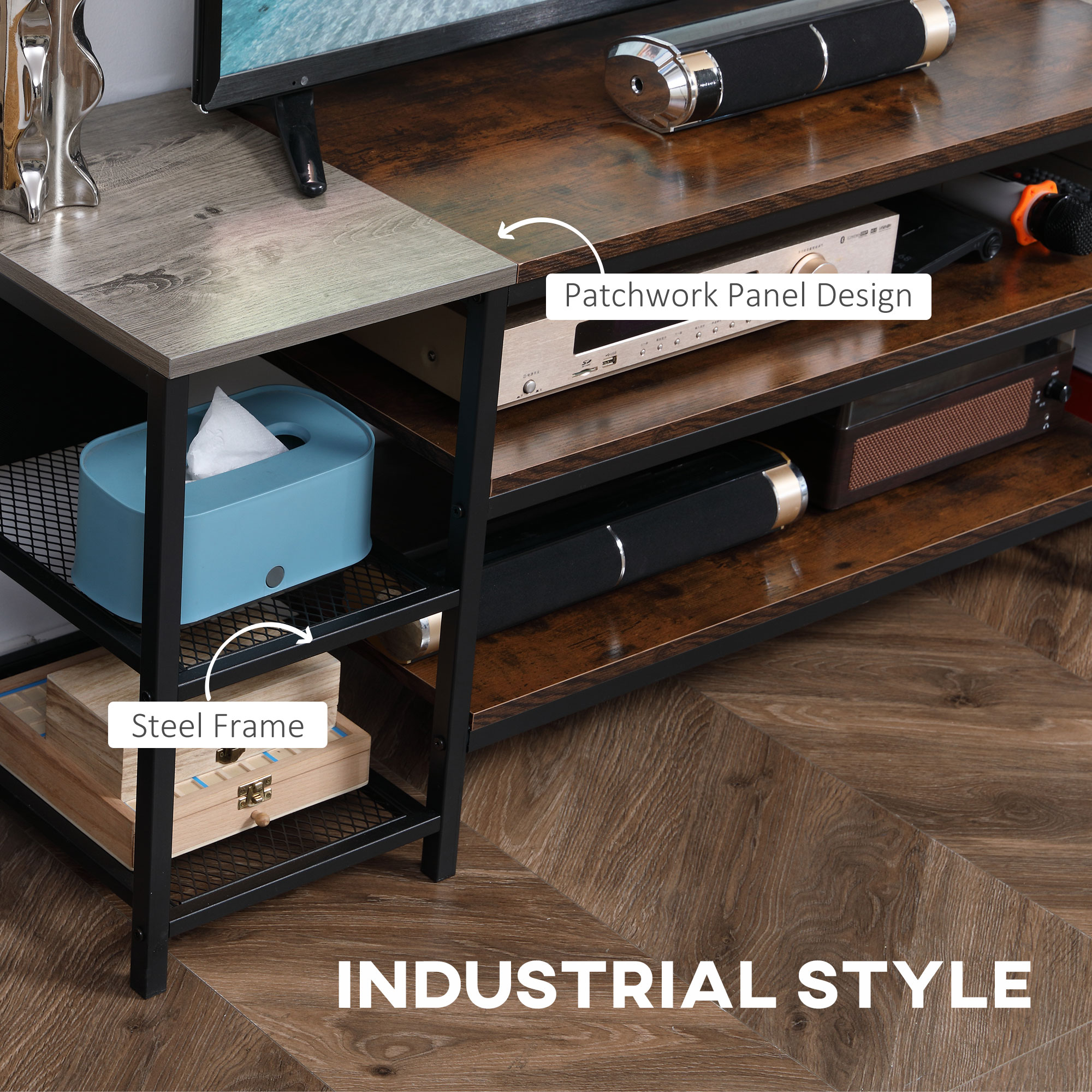 HOMCOM TV Unit Cabinet for TVs up to 60 Inches, Industrial TV Stand with Storage Shelves for Living Room, Brown and Grey 4
