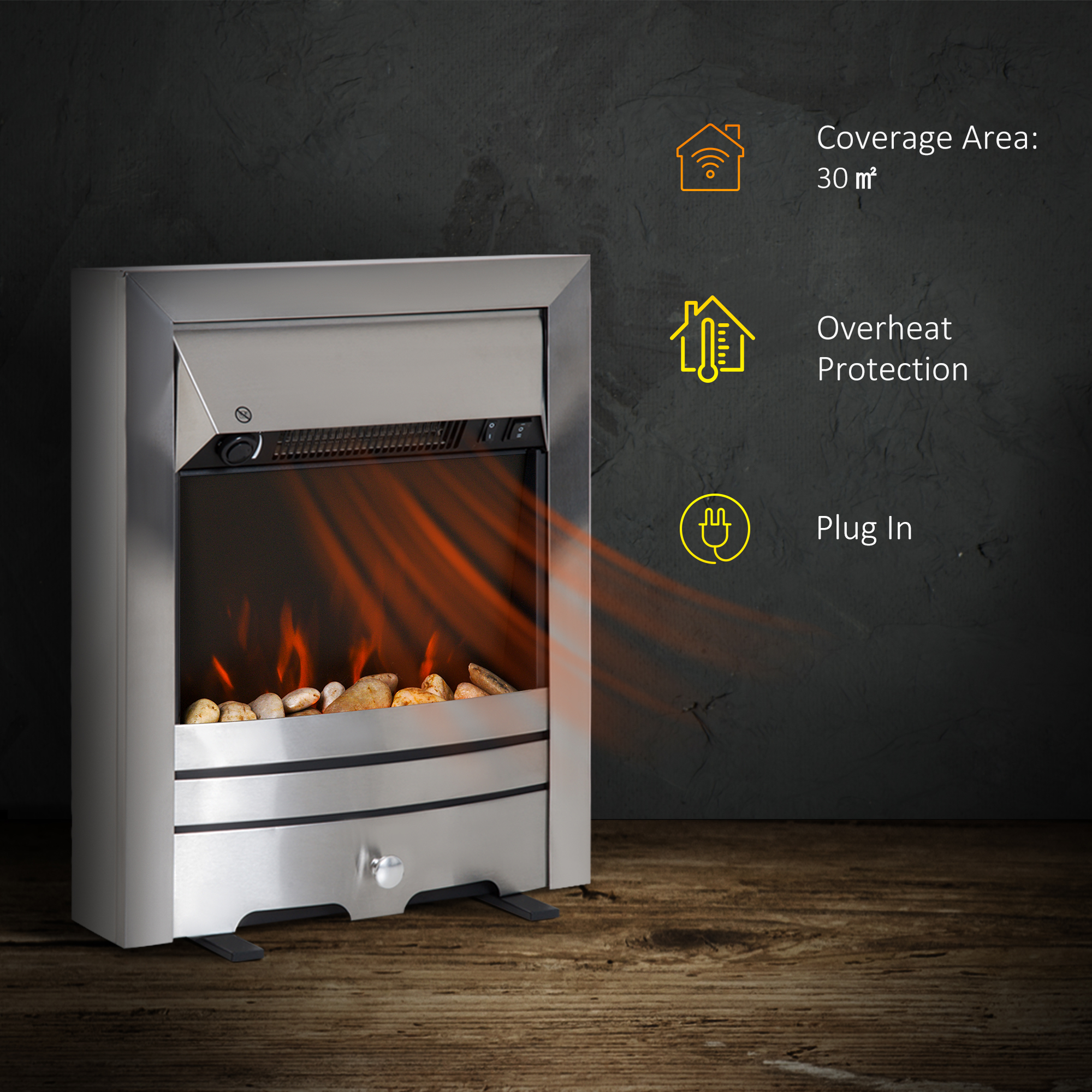 HOMCOM 2KW Stainless Steel Electric Fireplace Pebble Burning Effect Heater Fire Flame Indoor Stove LED Lighting 4