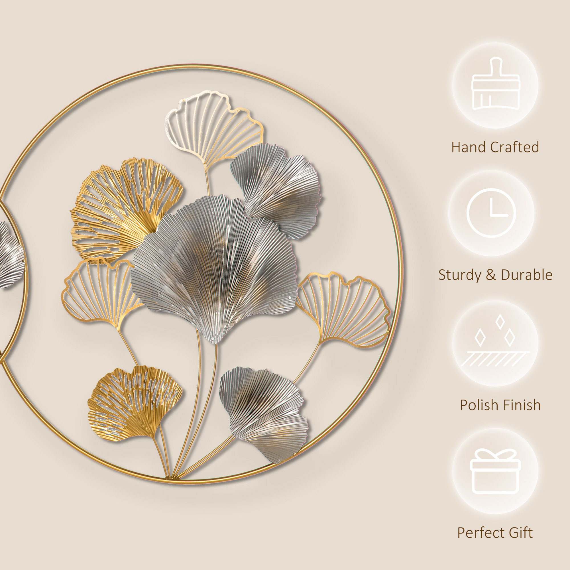 HOMCOM 3D Metal Wall Art Modern Ginkgo Leaves Hanging Wall Sculptures Home Decor for Living Room Bedroom Dining Room, Gold 6