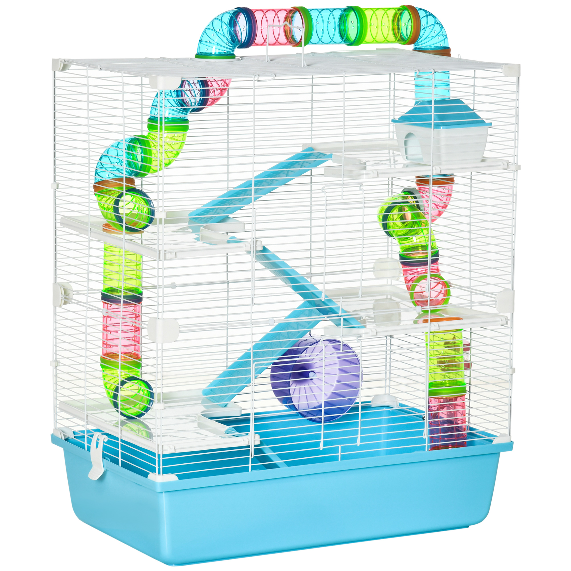 Comparer les prix de Grande cage à hamsters 5 niveaux - tunnels, abreuvoir, roue, maisonnette, échelles - dim. 59L x 36l x 69H cm - métal PP bleu blanc