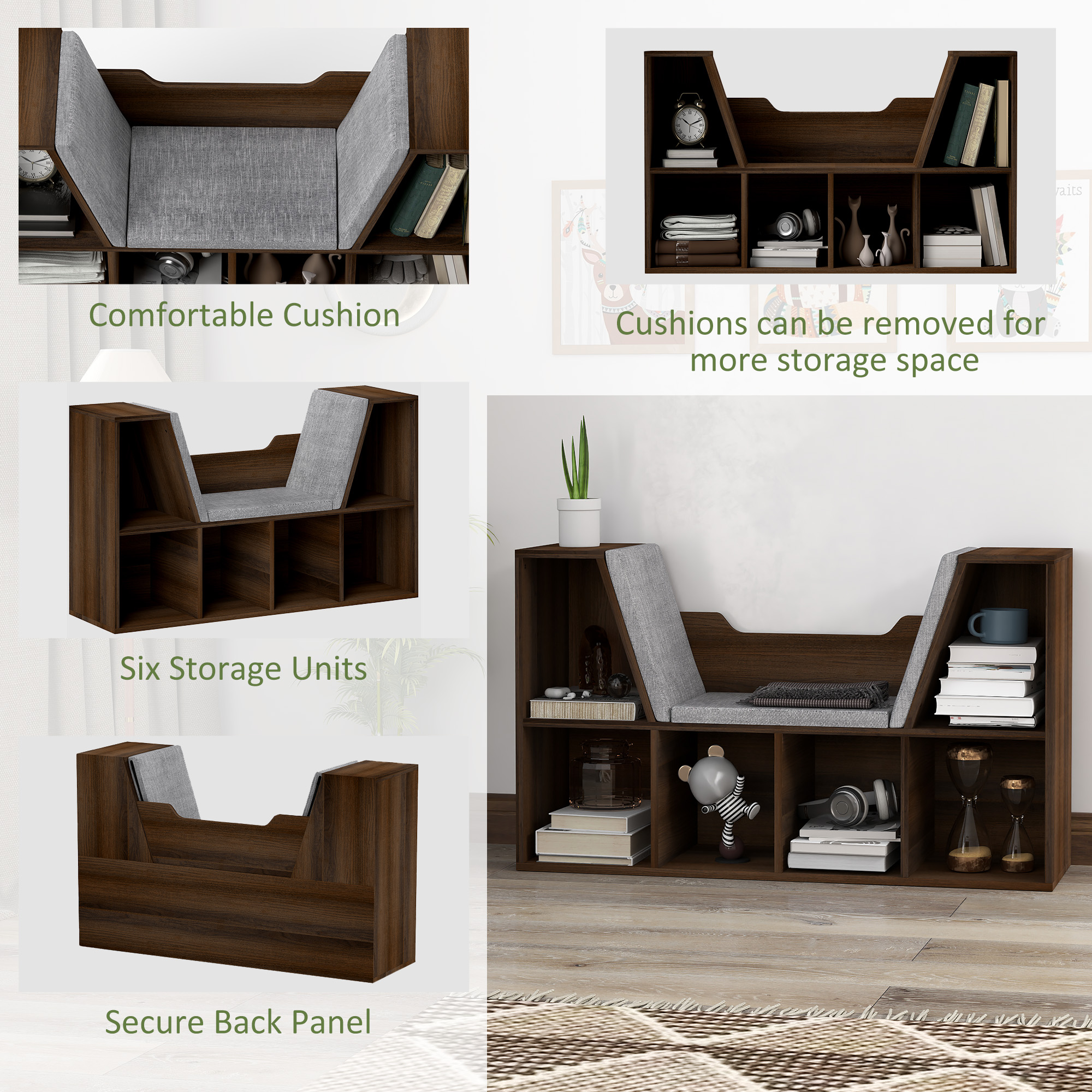 HOMCOM Bookcase Storage Shelf with Cushioned Reading Seat, Cube Bookshelf Organizer for Bedroom Living Room, Chestnut 6