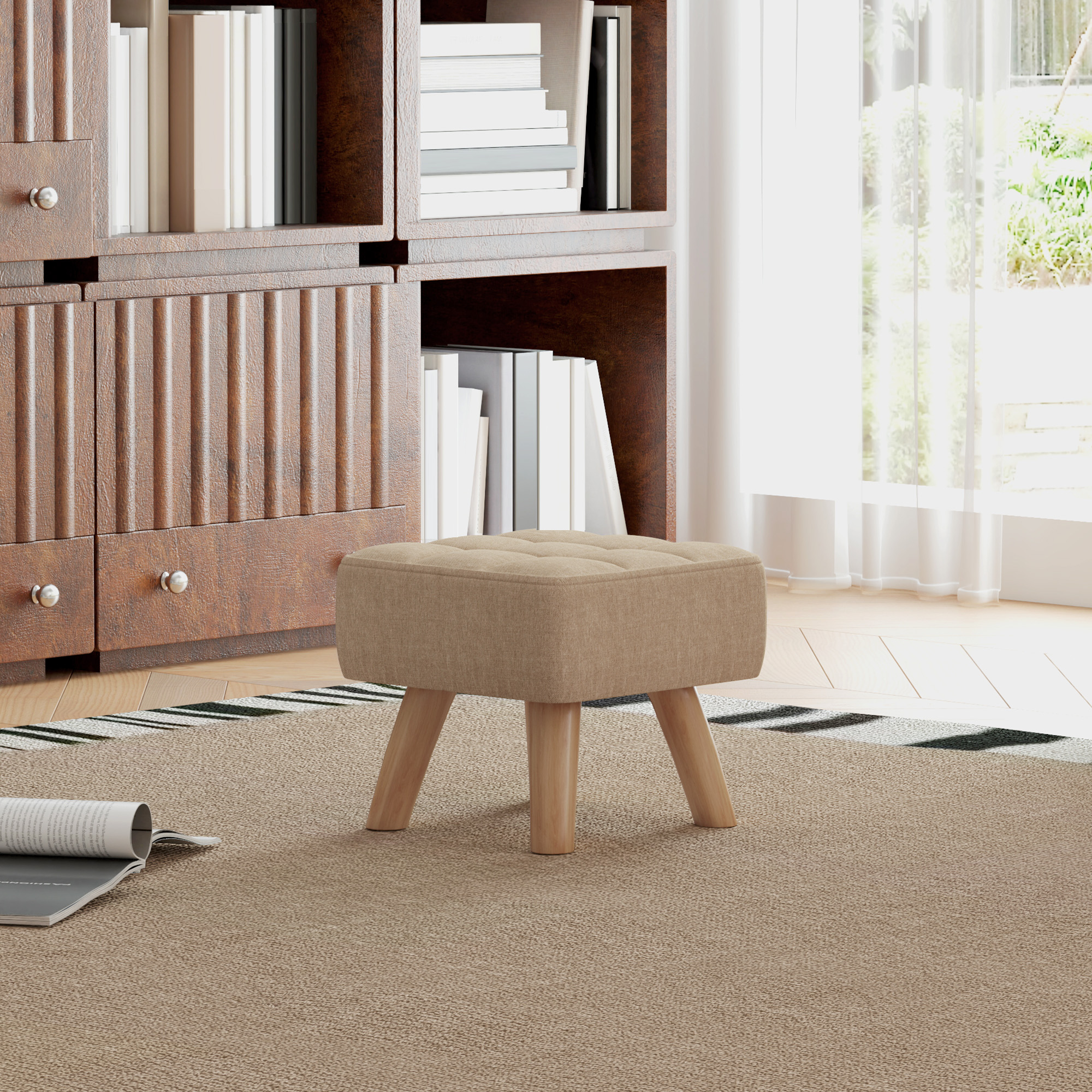 HOMCOM Linen-Look Square Padded Footstool Brown 2