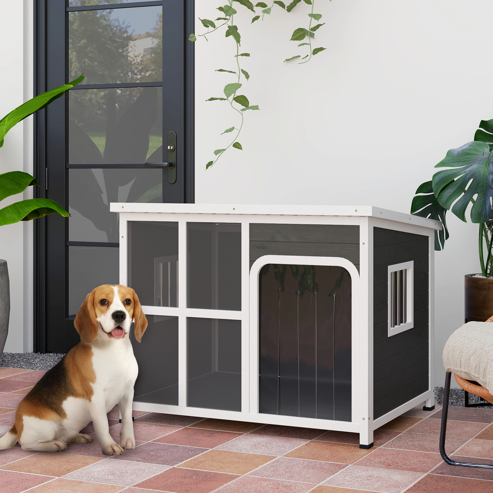 PawHut Wooden Outdoor Dog House, with Asphalt Openable Top, Removable Floor, Clear Front Panel, Curtain, 103 x 77 x 83cm 2