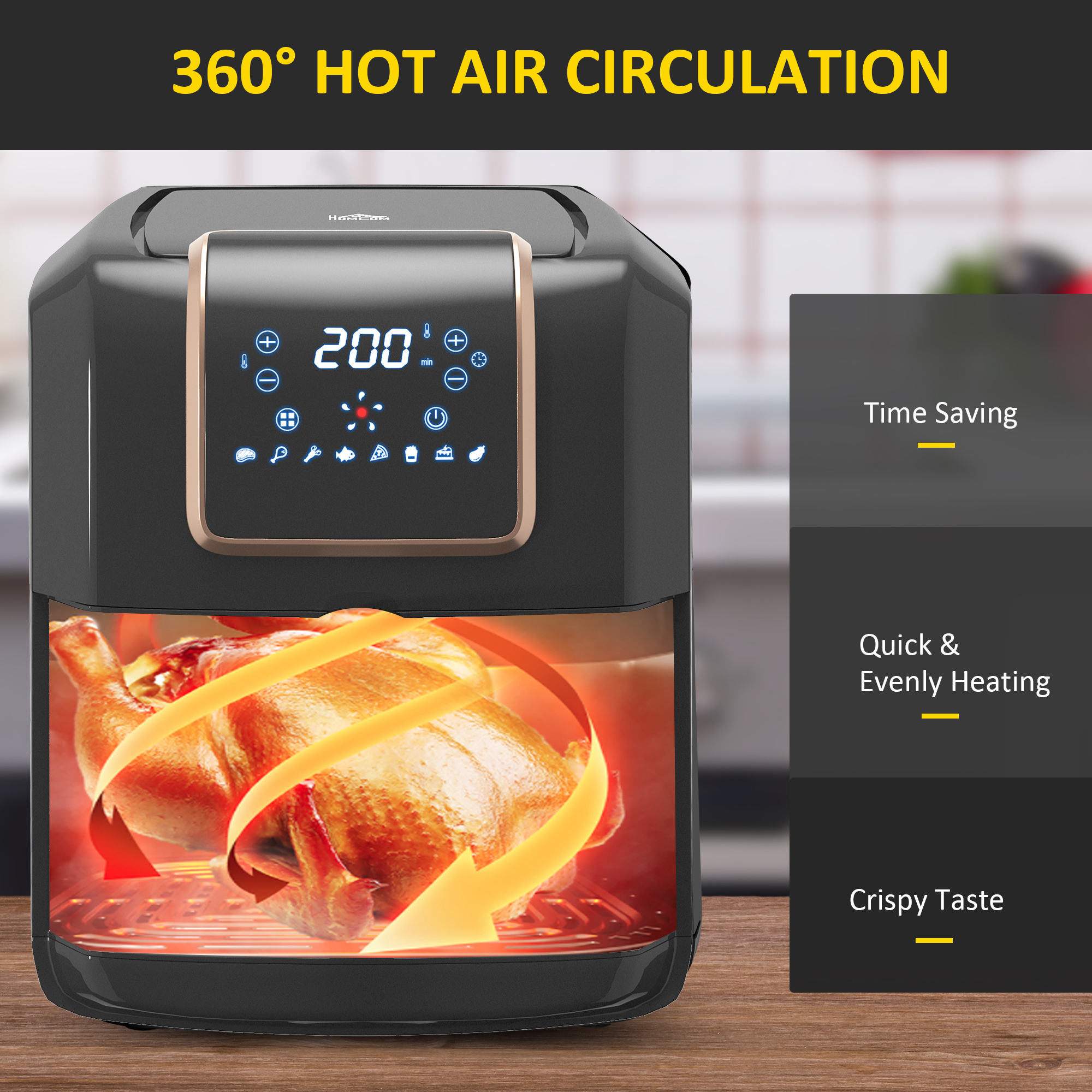 HOMCOM 6.5L Single Basket Air Fryer, 80-200°C Temperature, Black and Gold Tone 7