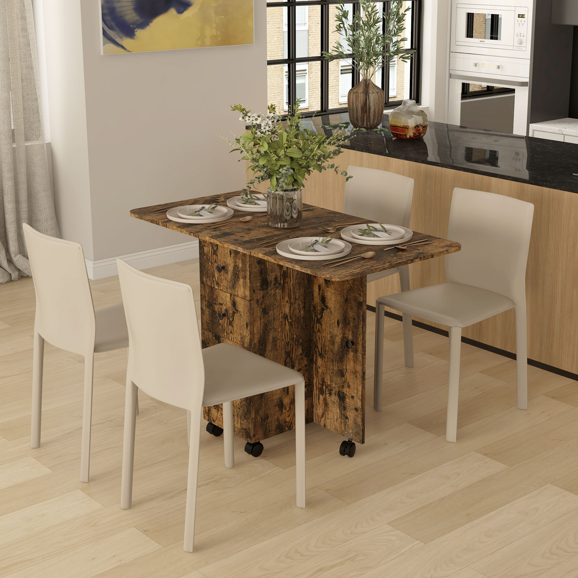 HOMCOM Multi-Storage Six-Person Drop Leaf Dining Table Rustic Brown 2