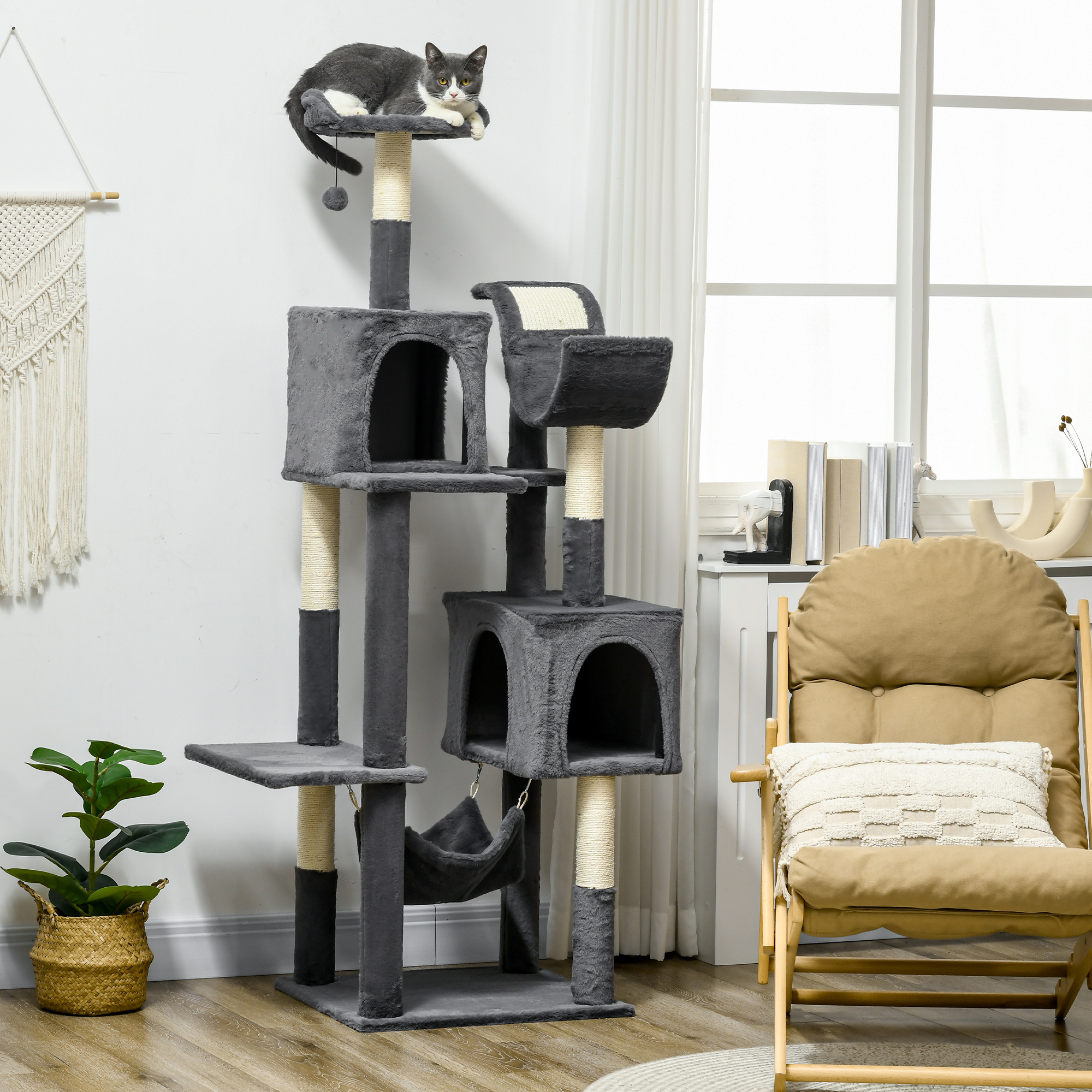 PawHut 177cm Cat Tree with Scratching Post, Hammock, Cat House Dark Grey 2