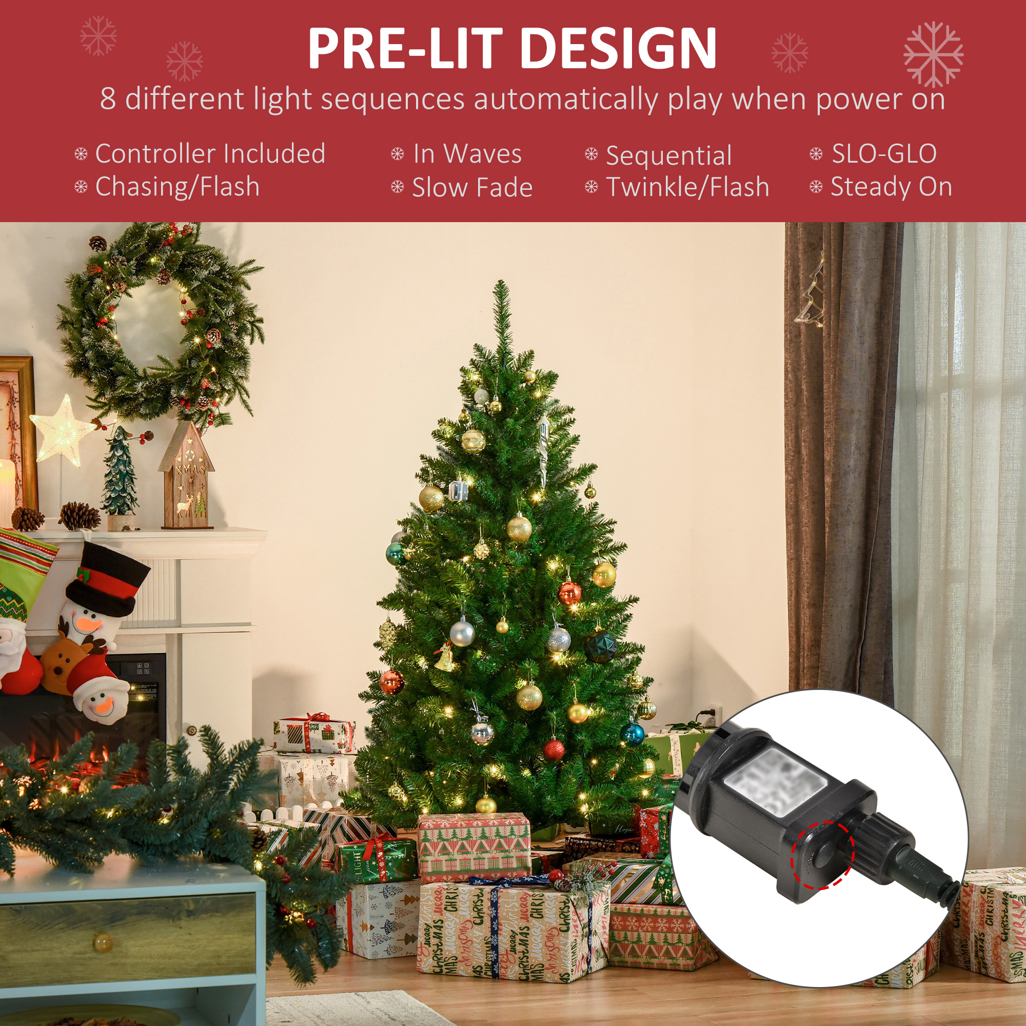 HOMCOM 5FT Christmas Tree Warm White LED Light Holiday Home Decoration, Green 5