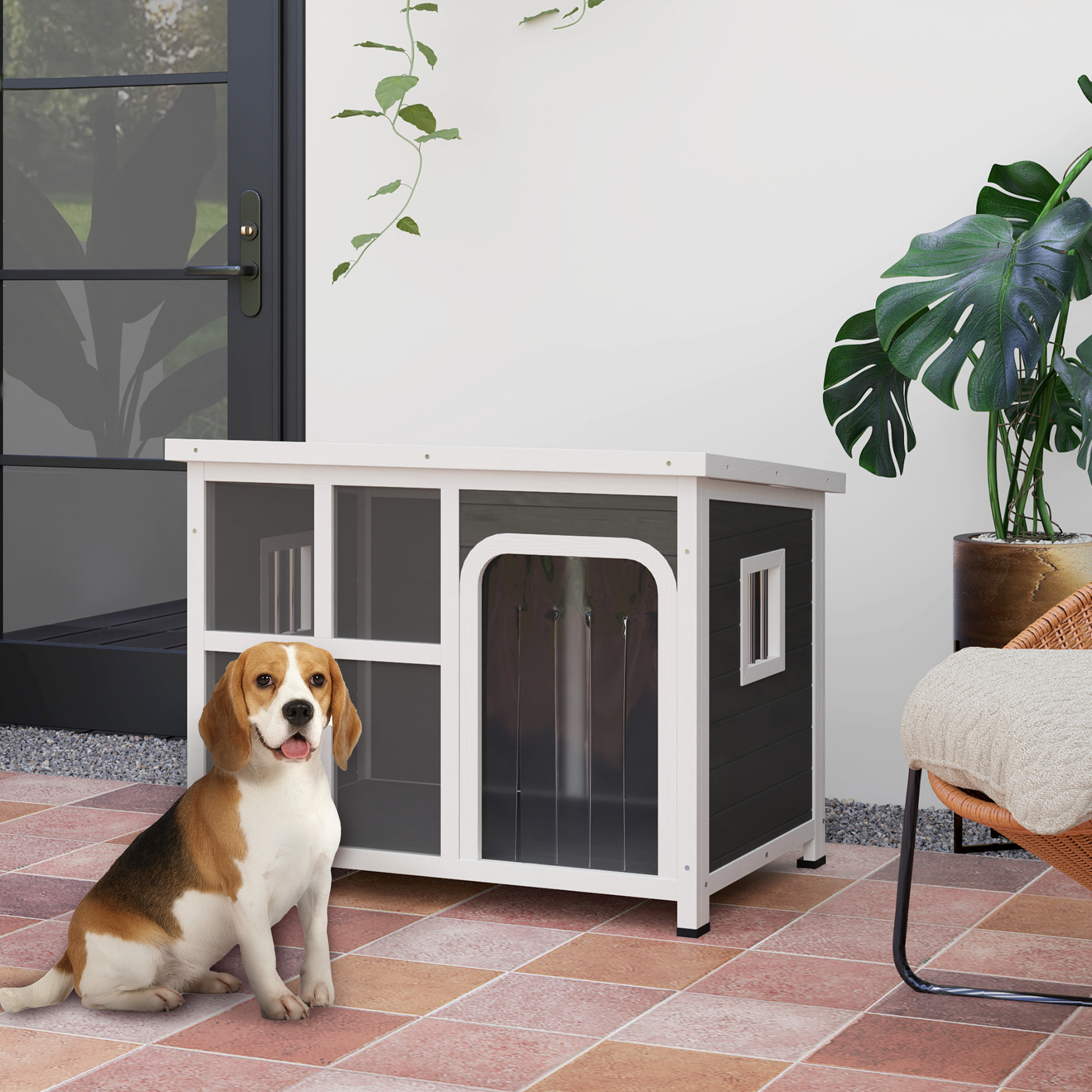 PawHut Wooden Outdoor Dog House with Asphalt Openable Top, Removable Floor, Clear Front Panel, Curtain, Light Grey 2