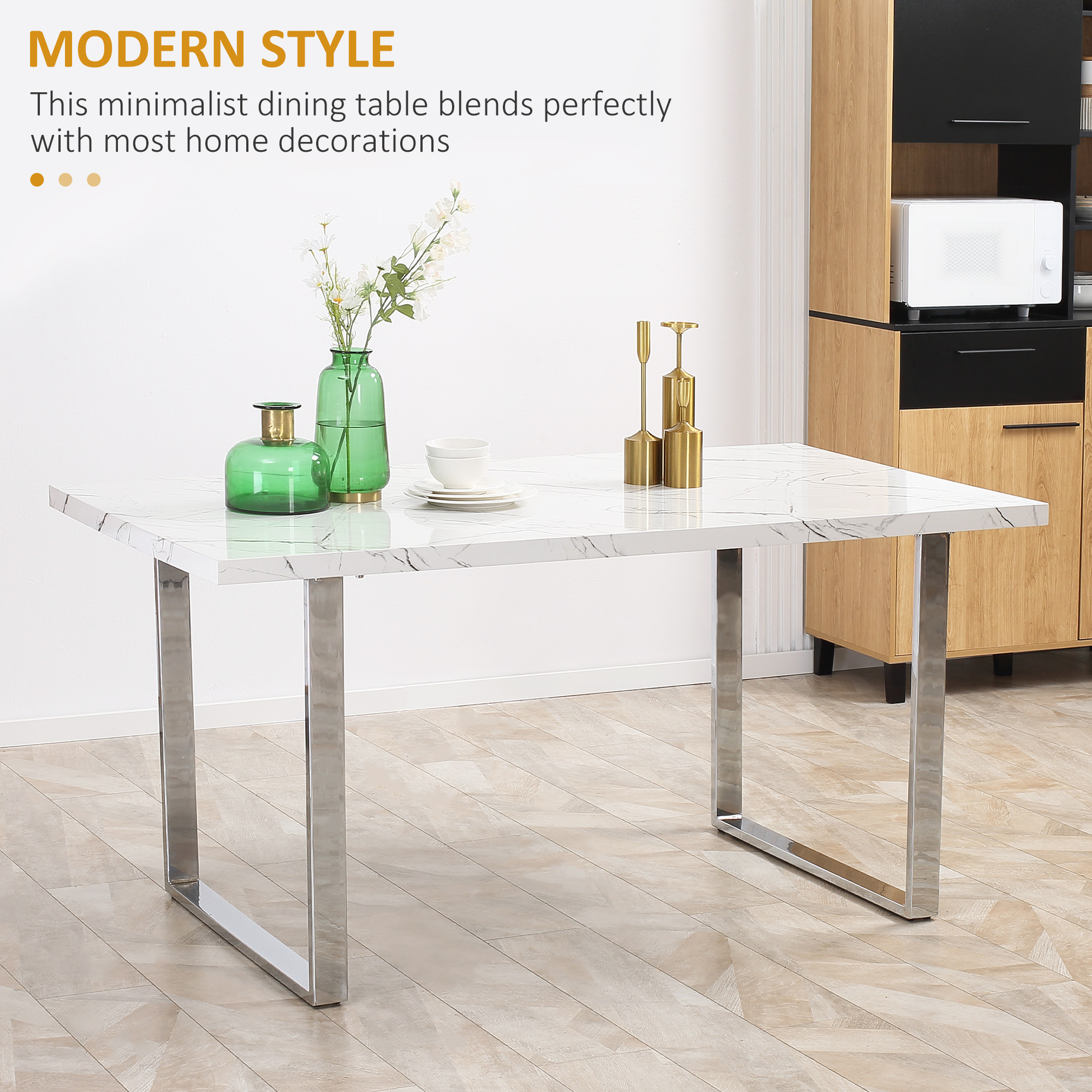 HOMCOM Modern Dining Room Table Rectangular Kitchen Table for 6-8 People with Marble Effect Tabletop Steel Legs 160 cm White 4