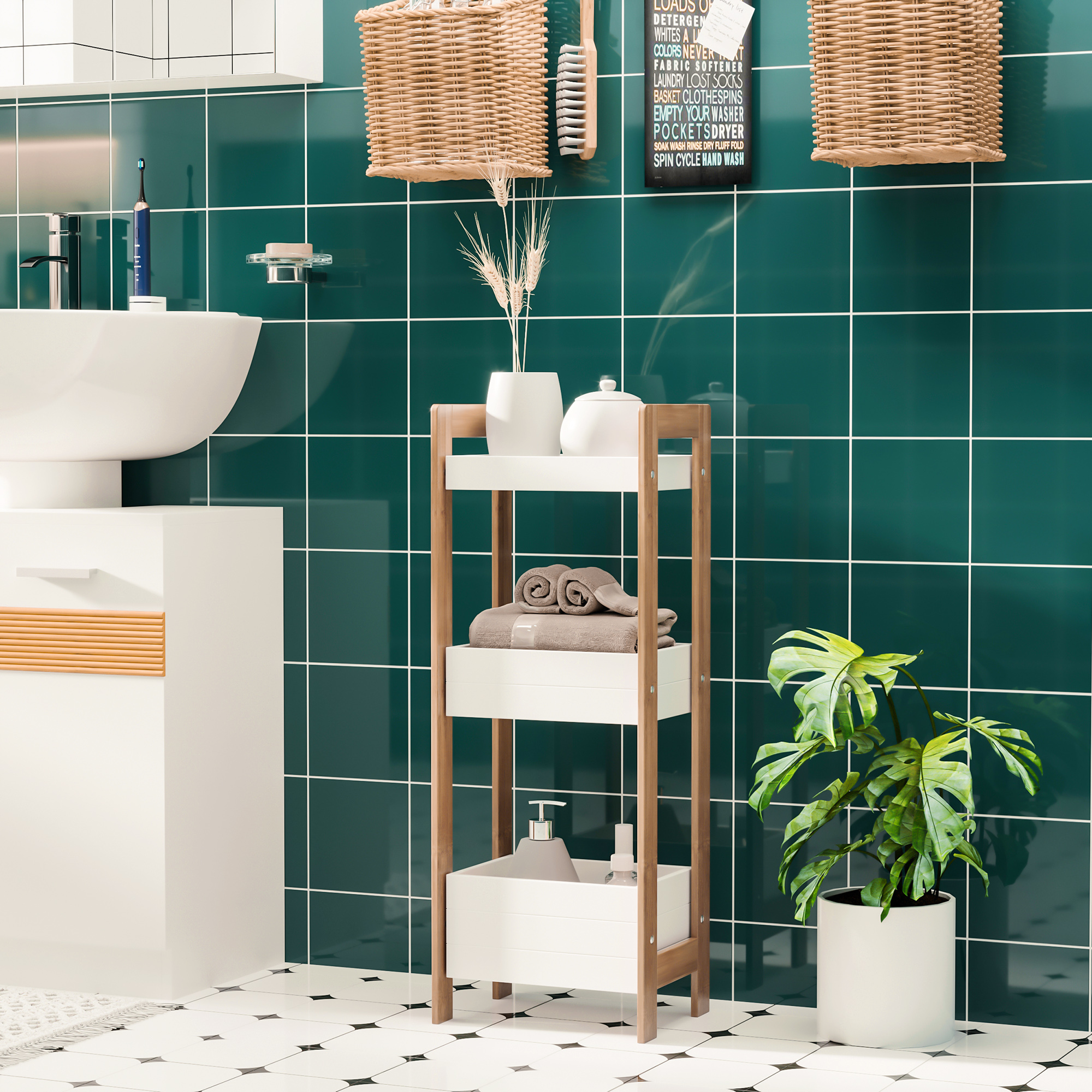 HOMCOM Mobile da bagno, mobile da bagno, armadio da bagno, con 1 armadio, 2 scomparti aperti, porta e gambe in bambù, 32 x 30 x 90 cm, effetto legno naturale