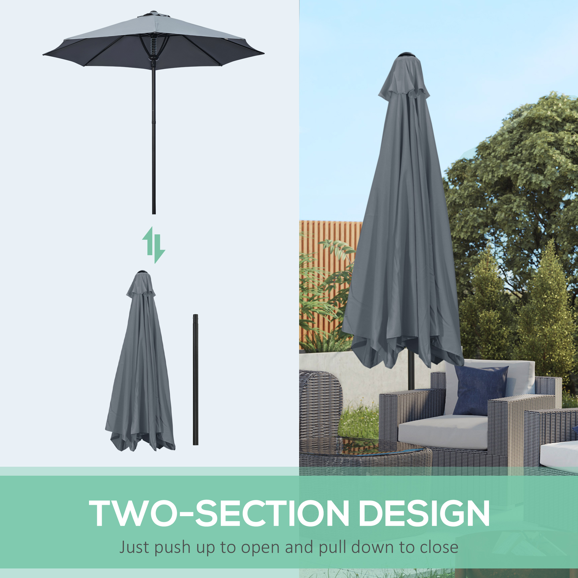Outsunny Garden 3(m) Parasol Umbrella, Outdoor Market Table Umbrella Sun Shade Canopy with 8 Ribs, Easy Push to Open, Grey 7