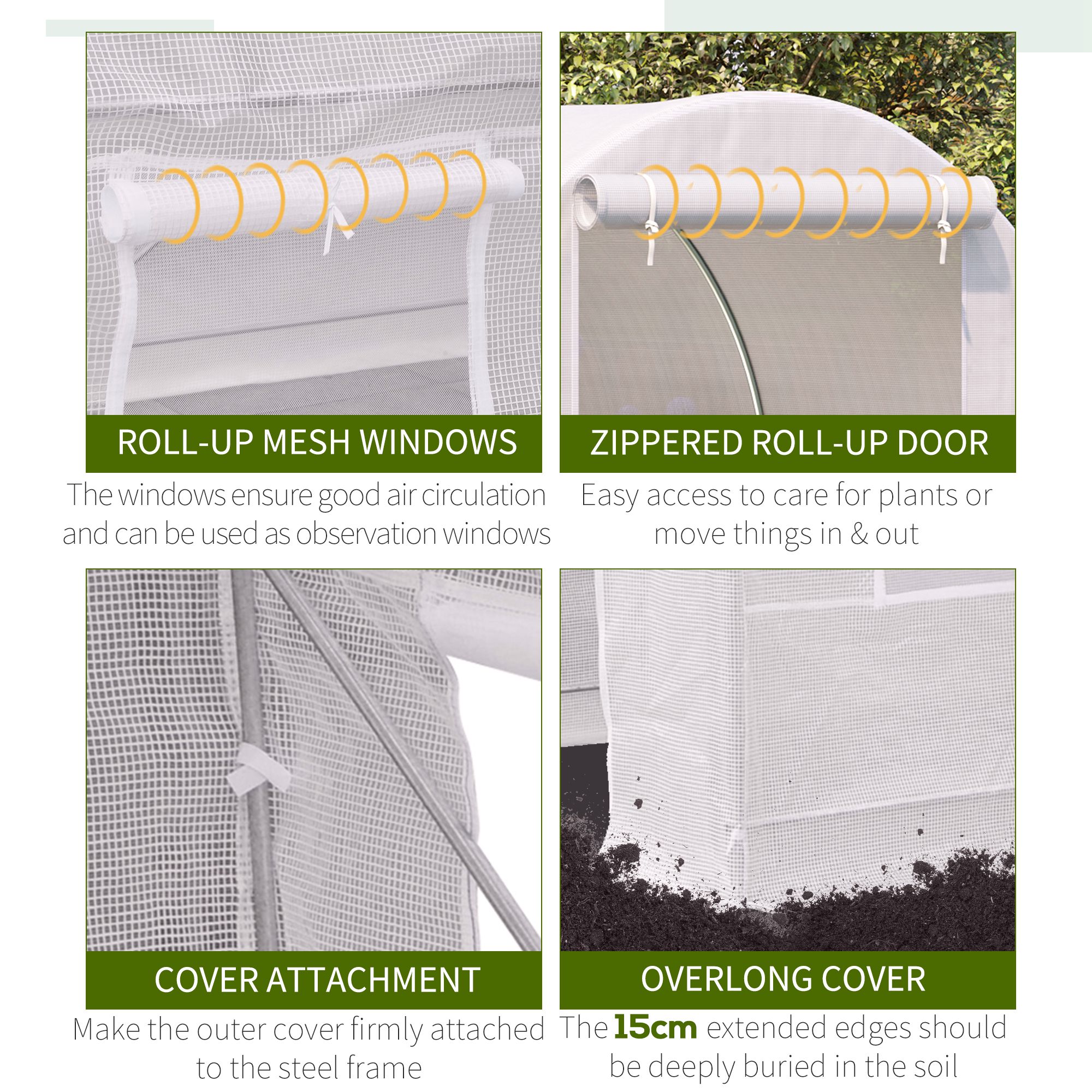 Outsunny 2.5 x 2 x 2 m Polytunnel Greenhouse, Walk-in Green House for Garden with Mesh Windows, Galvanised Steel Frame, White 6