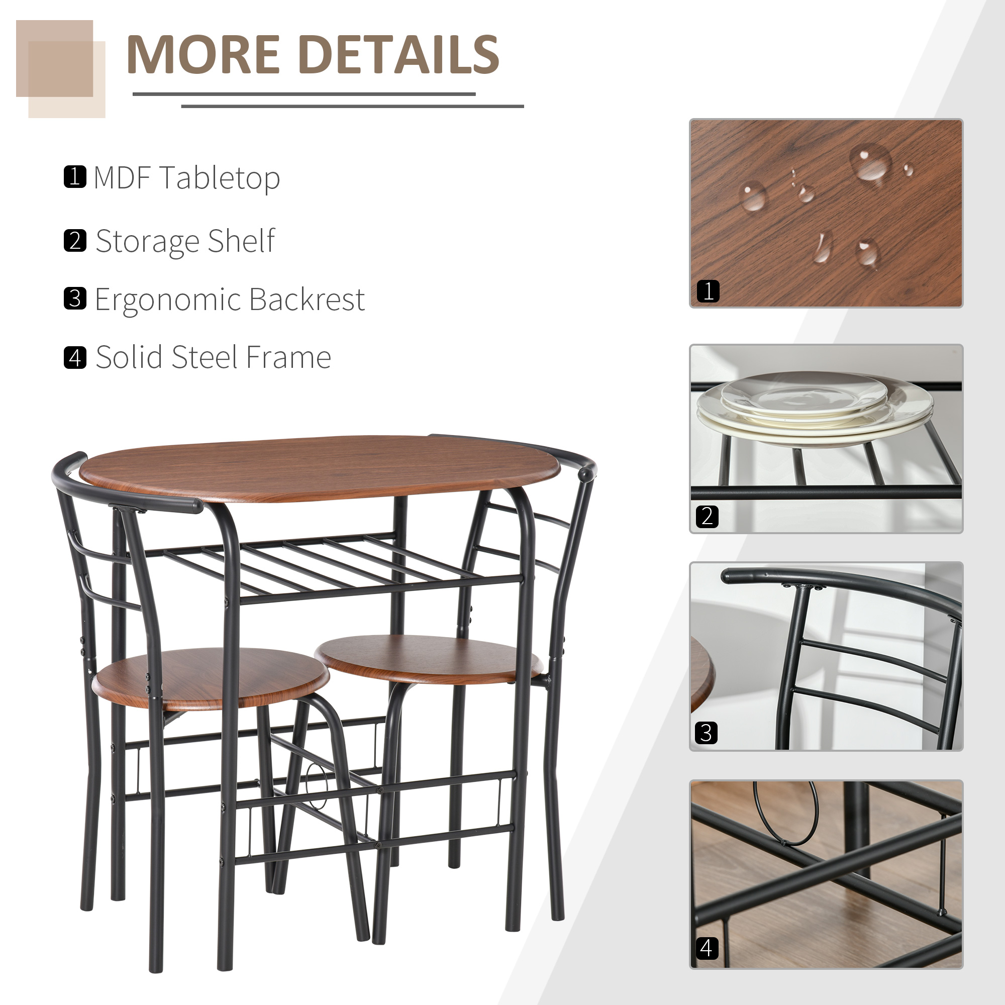HOMCOM Dining Table and Chairs Set 3, Breakfast Bar Table and 2 Chairs w/ Shelf, Wood-Effect Tabletop for Small Space 6