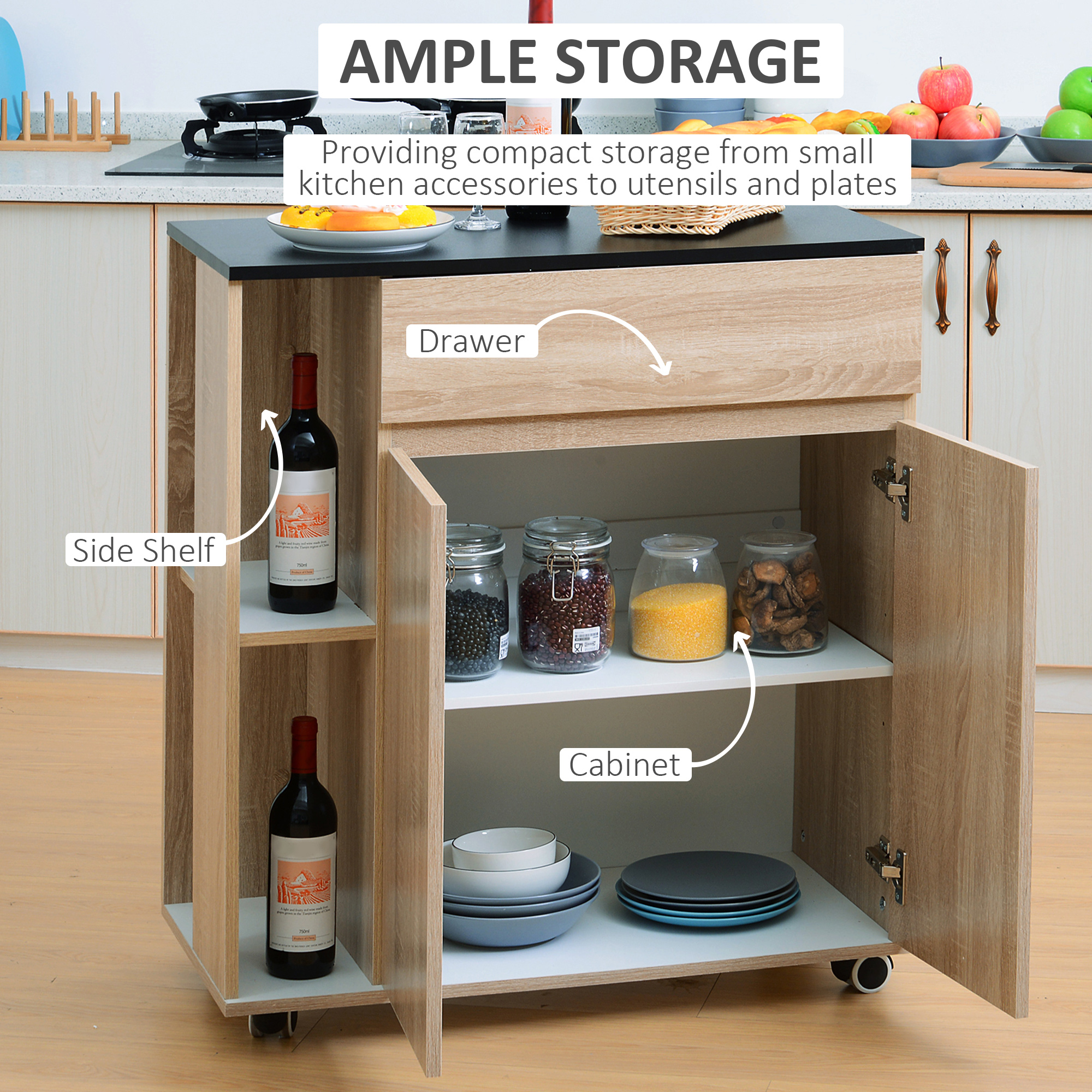 HOMCOM Kitchen Storage Trolley Cart Cupboard Rolling Island Shelves Cabinet With Door and Drawer Locking Wheels 4