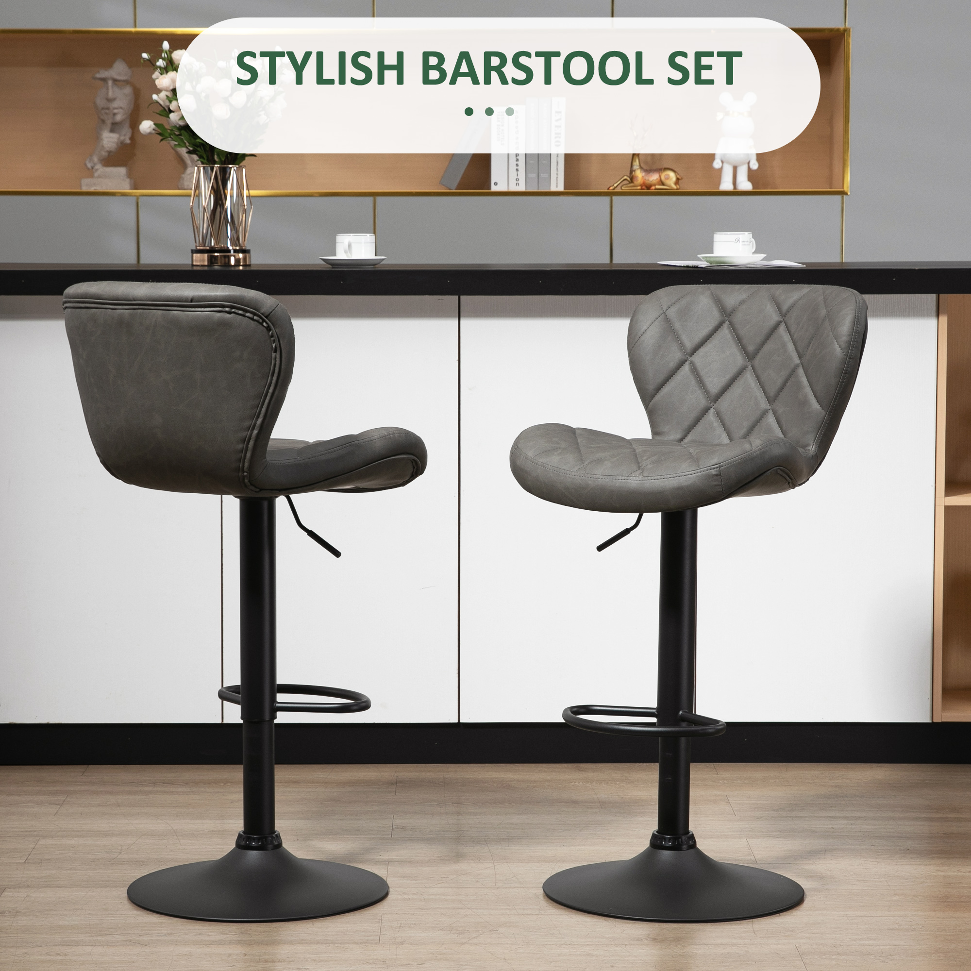 HOMCOM Bar Stools, Set of 2 Breakfast Bar Chairs, Swivel Barstools with Backrest and Footrest, Steel Frame Diamond Pattern PU, for Kitchen Counter, Dining Room, Dark Grey 4