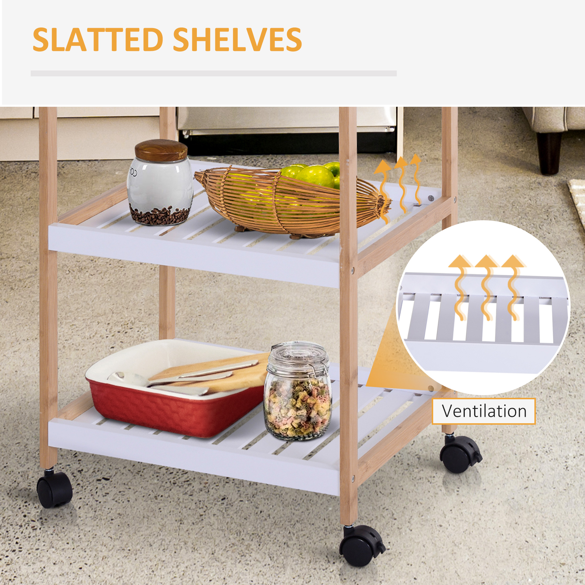 HOMCOM 3-Tier Mobile Kitchen Trolley Cart Storage Shelves Rack Rolling Wheels White 46 x 35 x 74.5 cm 6