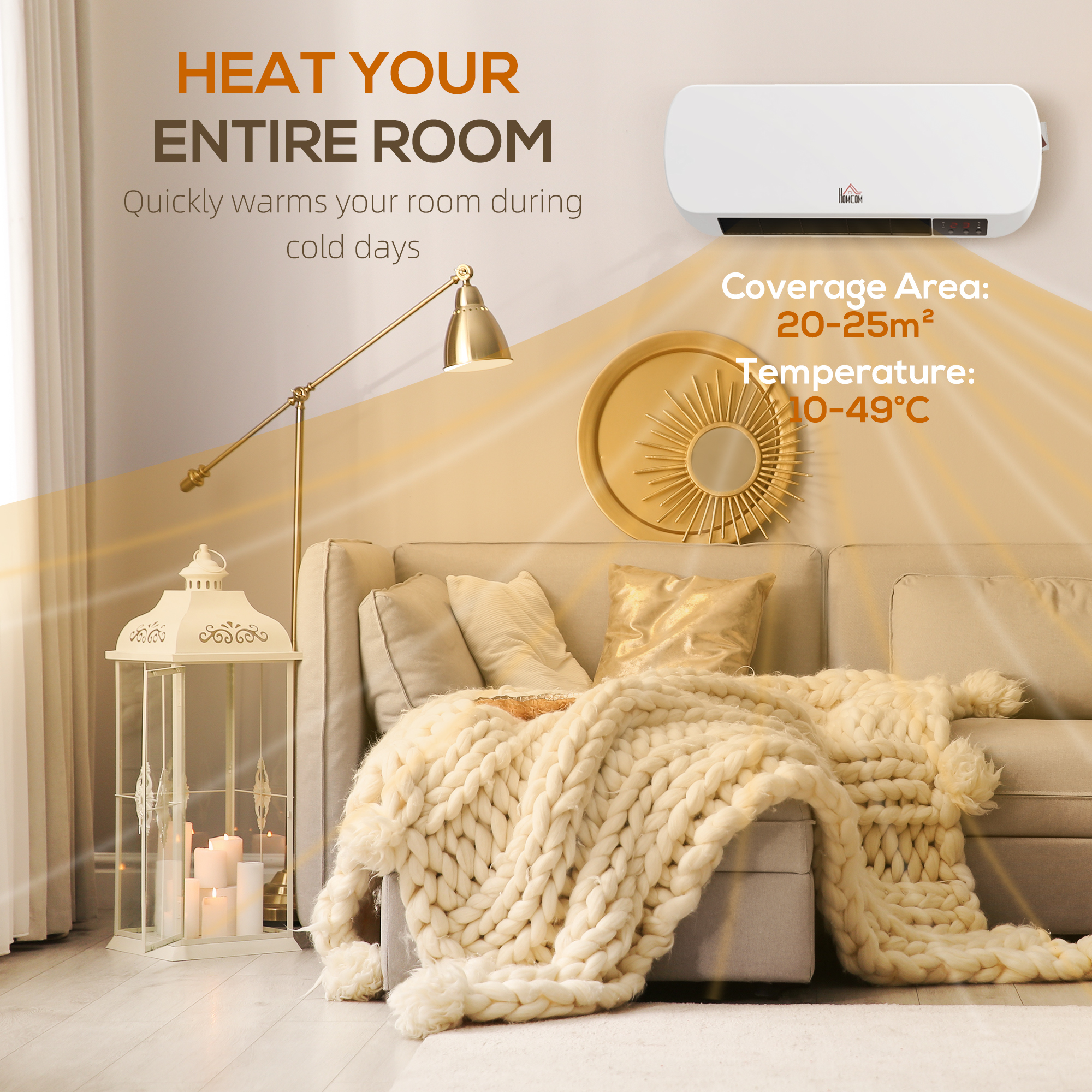 HOMCOM 2000W Wall Mounted Ceramic Space Heater, 10-49°C Temperature, White 6