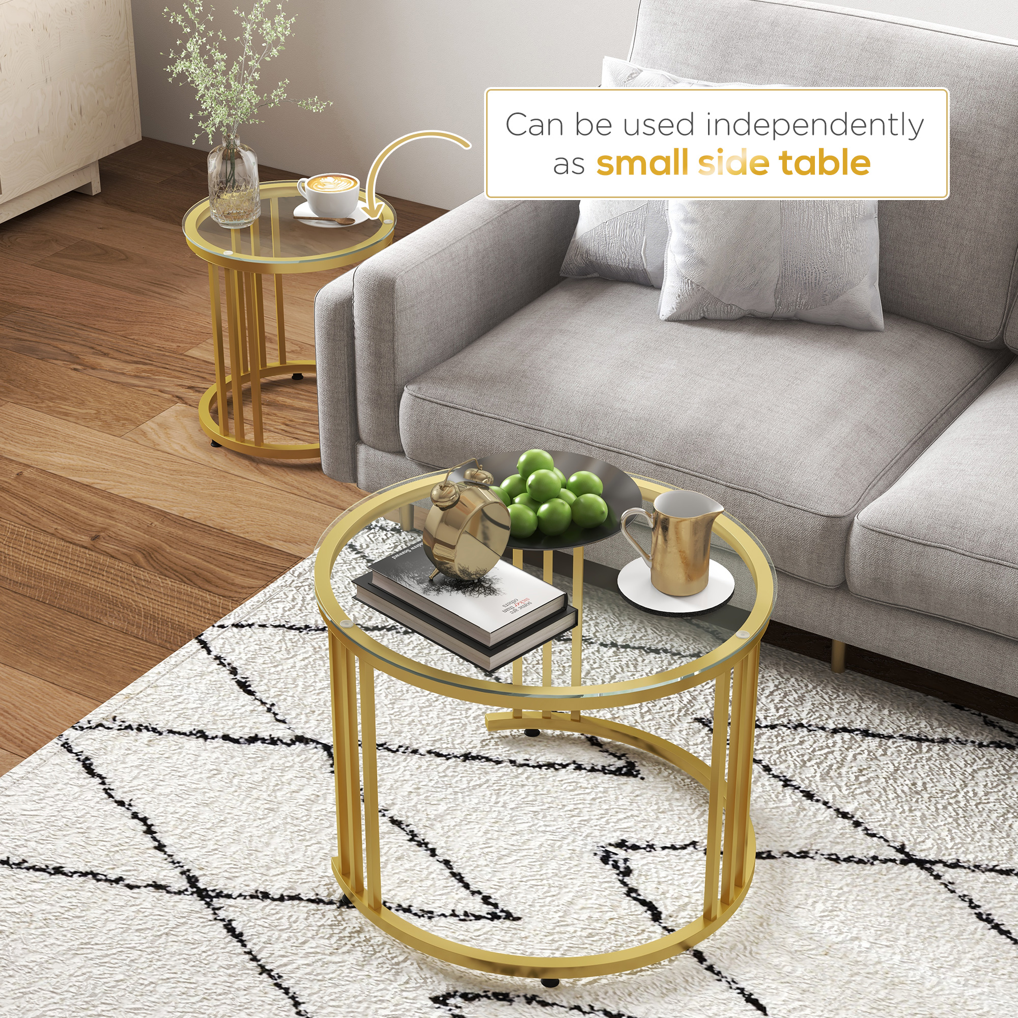 HOMCOM Round Coffee Tables Set of 2, Nesting Tables with Tempered Glass Top and Steel Frame, 60cmx60cmx47cm, Gold Tone 6
