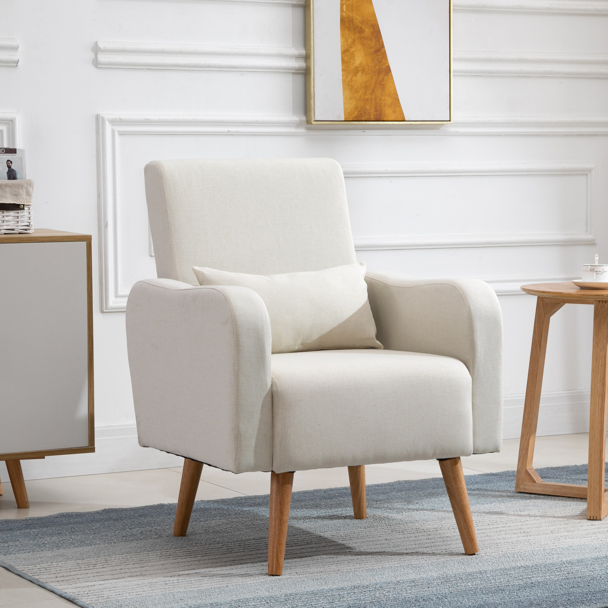 HOMCOM Accent Chair, Linen-Touch Armchair with Pillow, Upholstered Leisure Lounge Sofa for Living Room, Club Chair with Rubber Wooden Frame, Cream 2