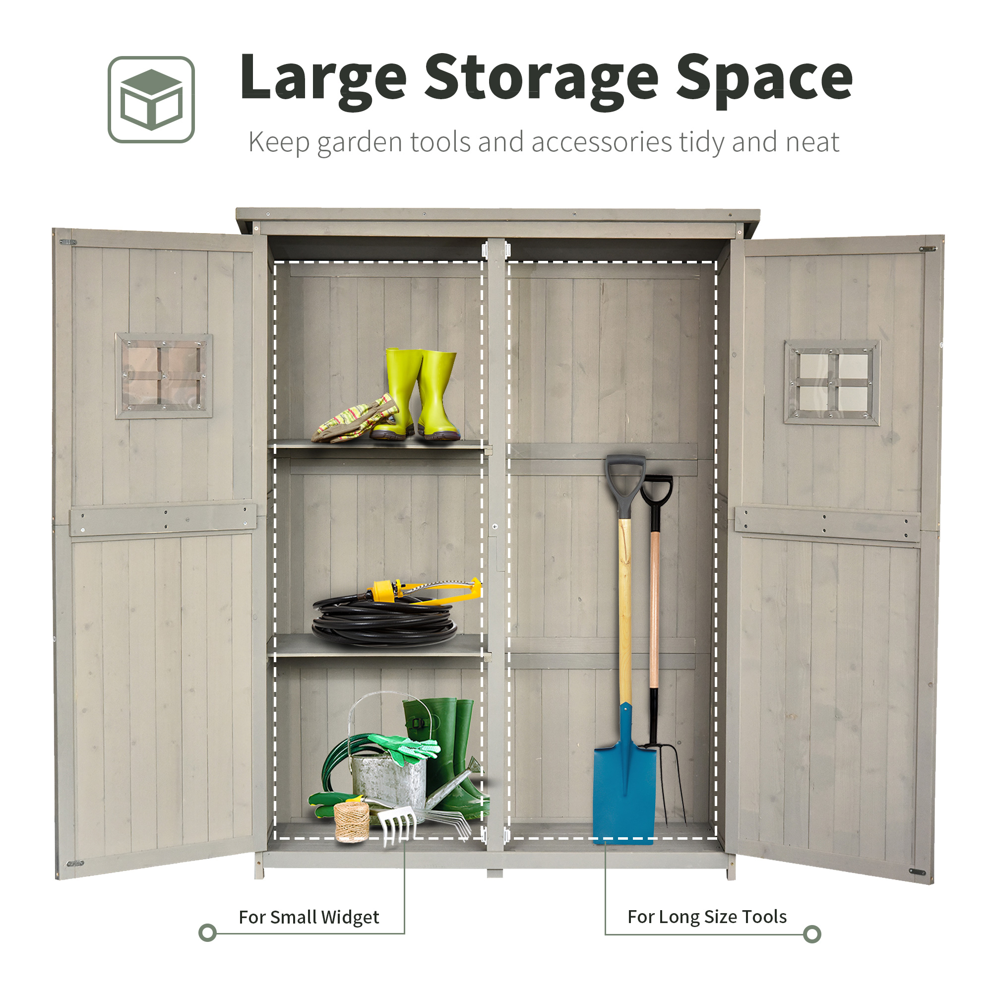 Outsunny Wooden Garden Shed with Two Windows, Tool Storage Cabinet, Outdoor Double Door Organizer 127.5L x 50W x 164H cm, Grey 5