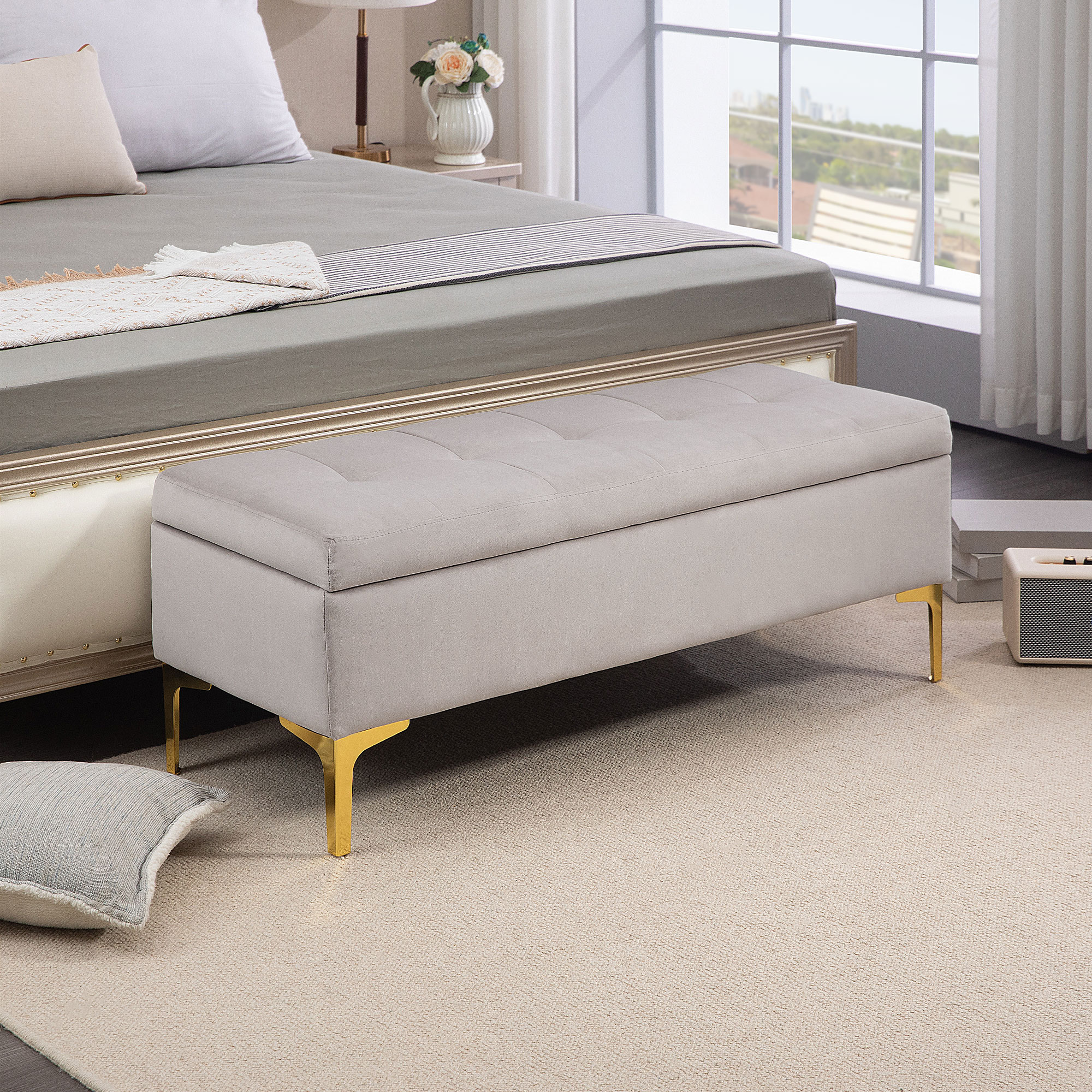 HOMCOM Banc Bout De Lit Velours Gris Clair – Banquette Élégante 121 Cm Avec Pieds Acier Dorés – Charge 120 Kg – Style Moderne