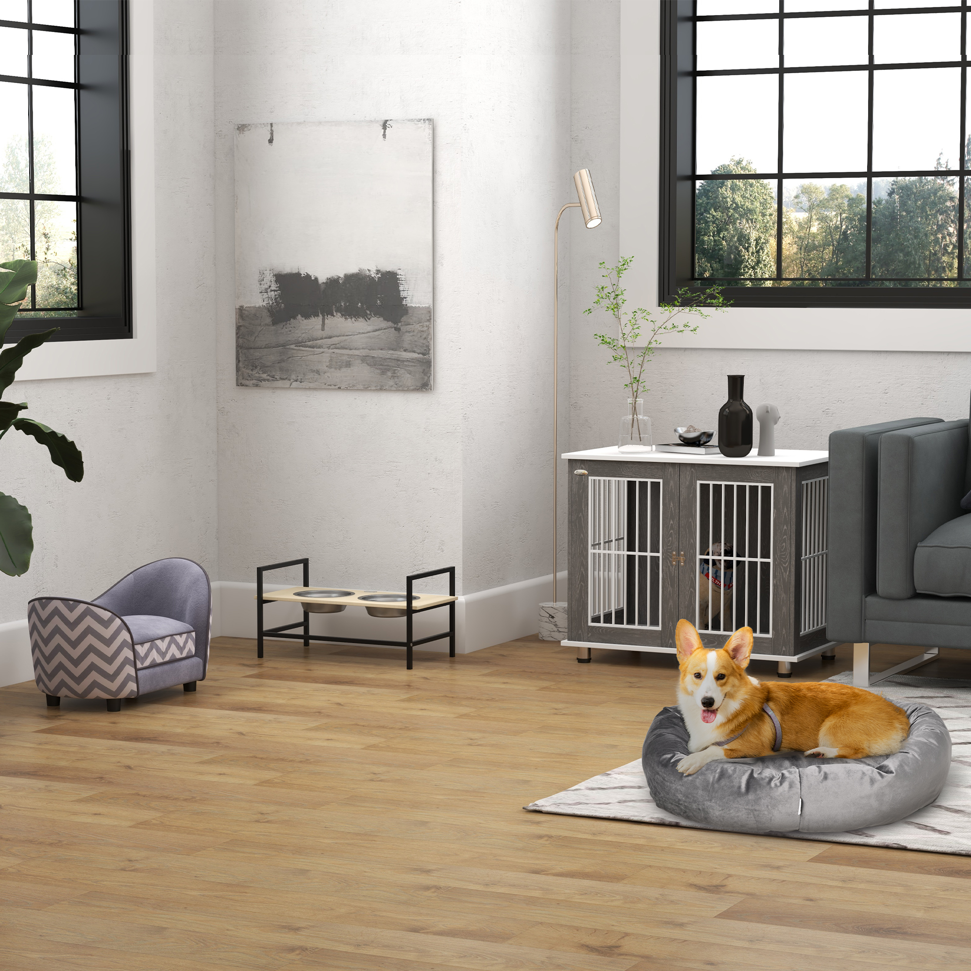 PawHut Dog Crate Wooden Pet Kennel Cage End Table w/ Lockable Door for Small Medium Dog Grey & White 85 x 55 x 75 cm 8