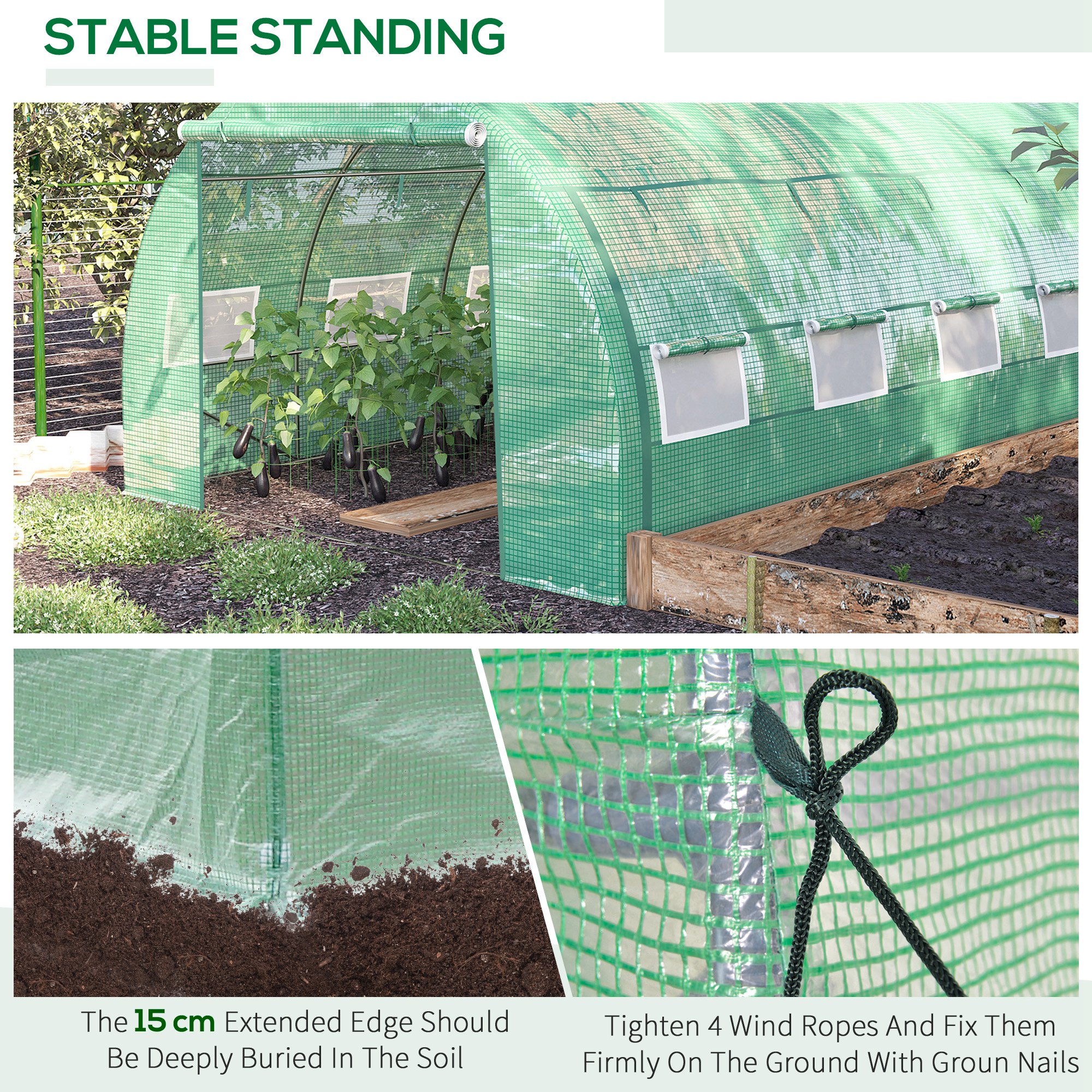 Outsunny Polytunnel Greenhouse Walk-in Grow House Tent with Roll-up Sidewalls, Zipped Door and 8 Windows, 4x3x2m Green 6