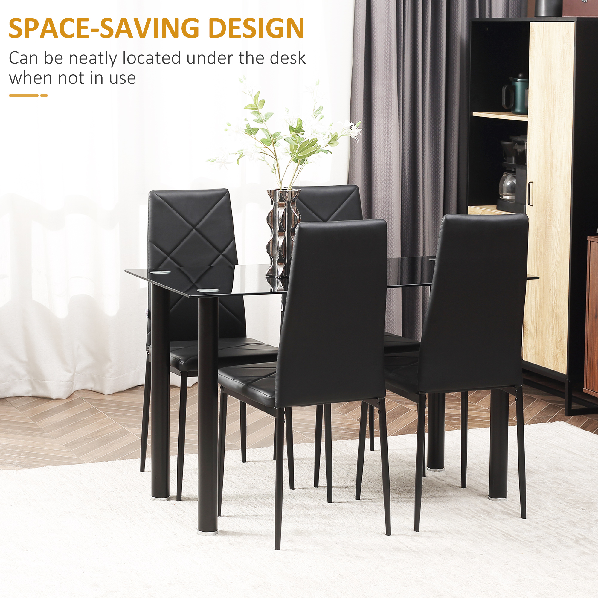 HOMCOM Modern Dining Table Set for 4, Space-Saving 5 Pieces Kitchen Table Set with Rectangle Table and Steel Frame, Black 6