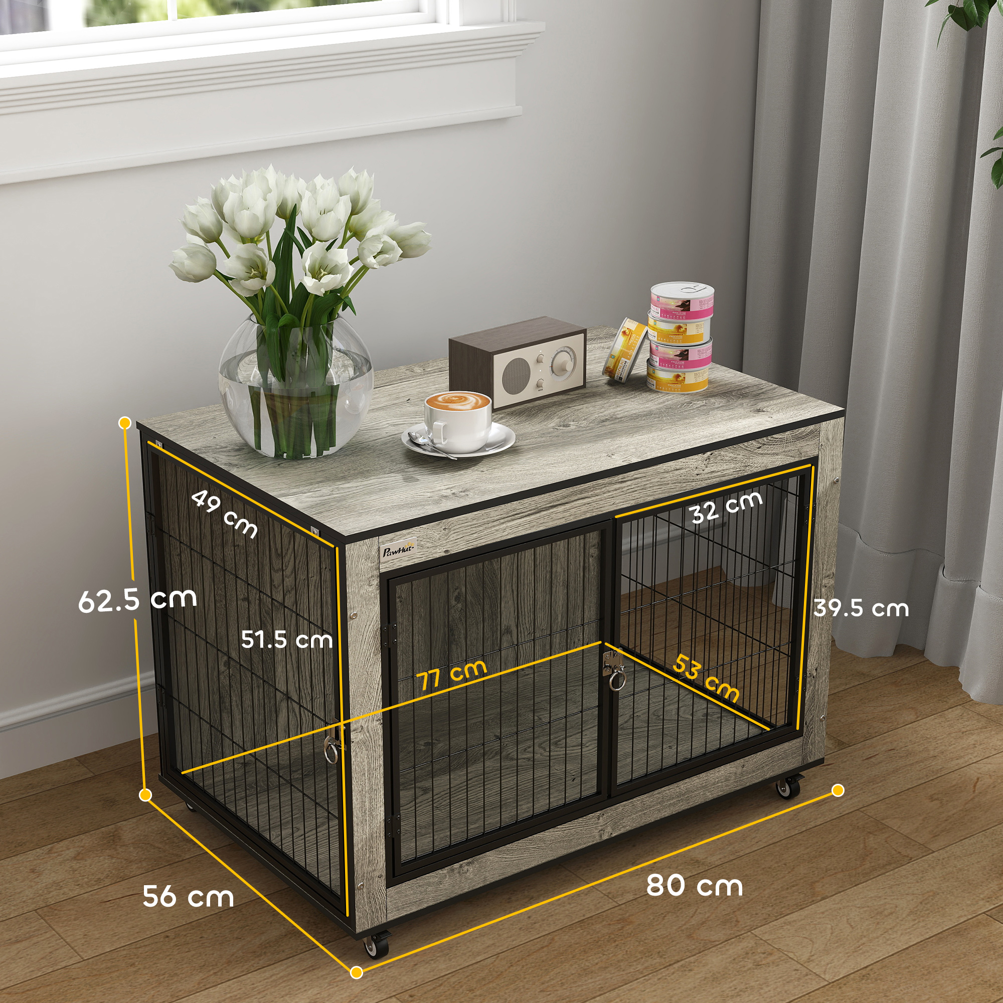 PawHut Dog Crate Furniture with Wheels, Double Doors, for Medium Dogs, Grey 3