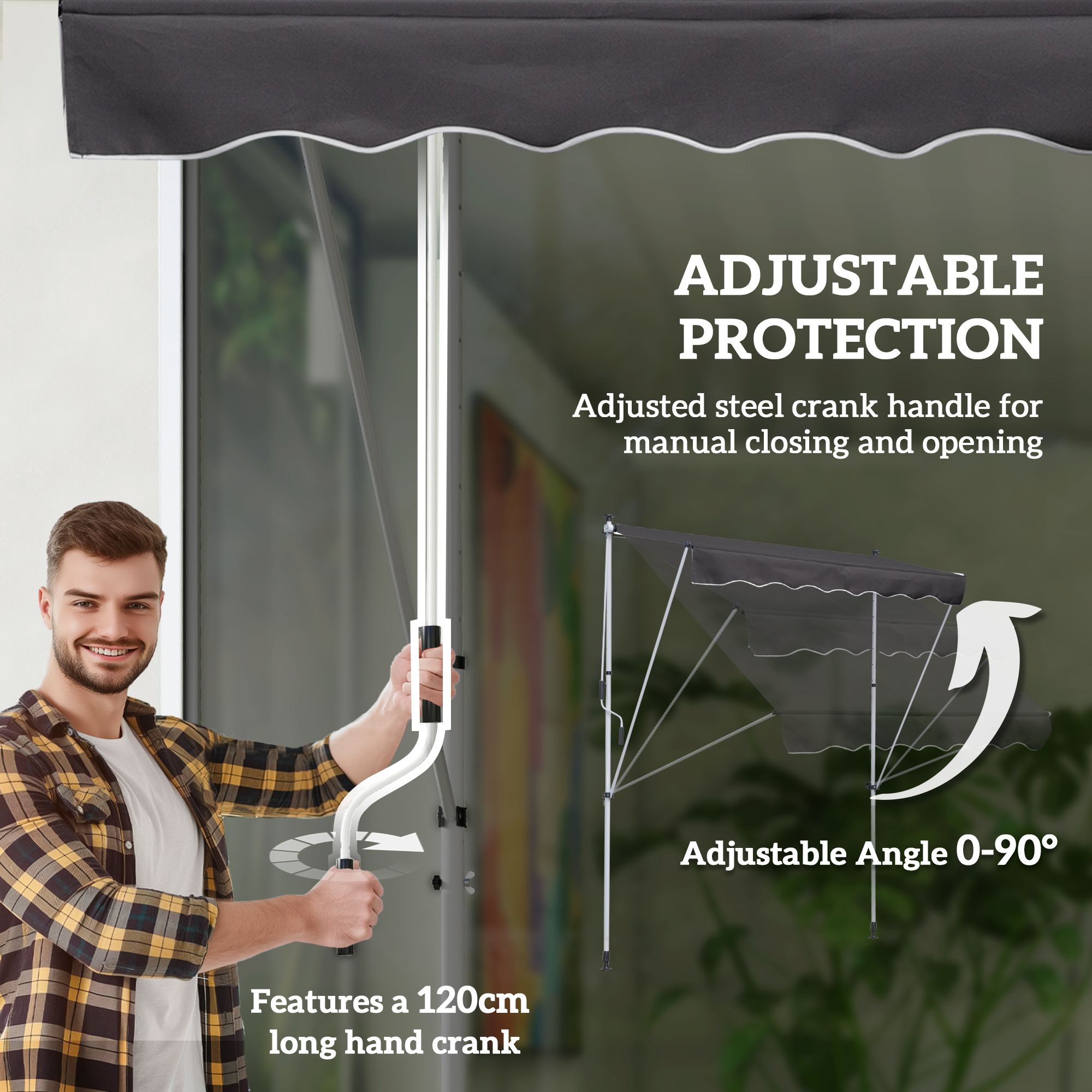 Outsunny Balcony 2 x 1.5m Manual Adjustable Awning DIY Patio Clamp Awning Canopy Retractable Shade Shelter Easy to Move for Balcony, Grey 6