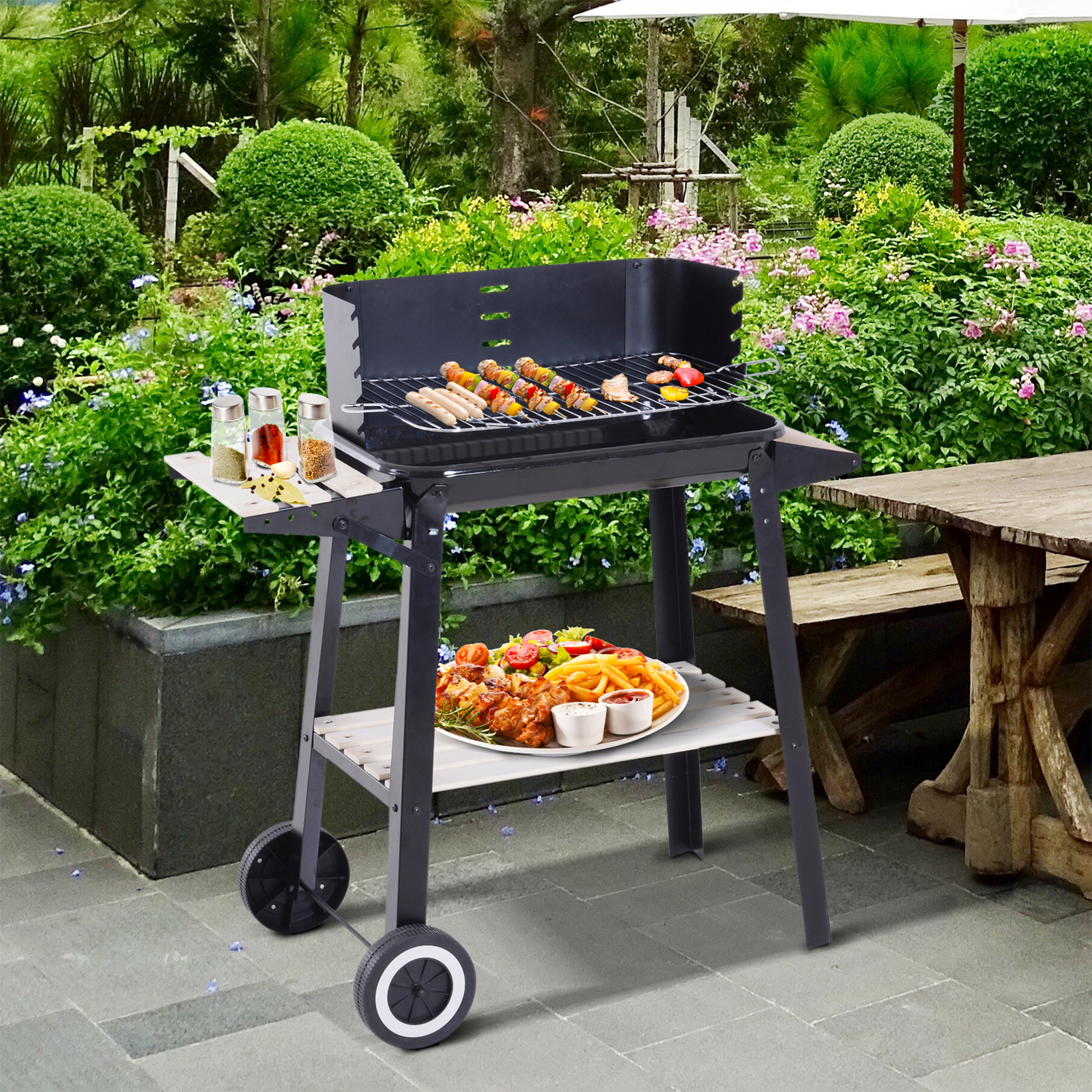 Outsunny Trolley Charcoal BBQ Barbecue Grill Outdoor Patio Garden Heating Smoker with Side Trays Storage Shelf and Wheels 2