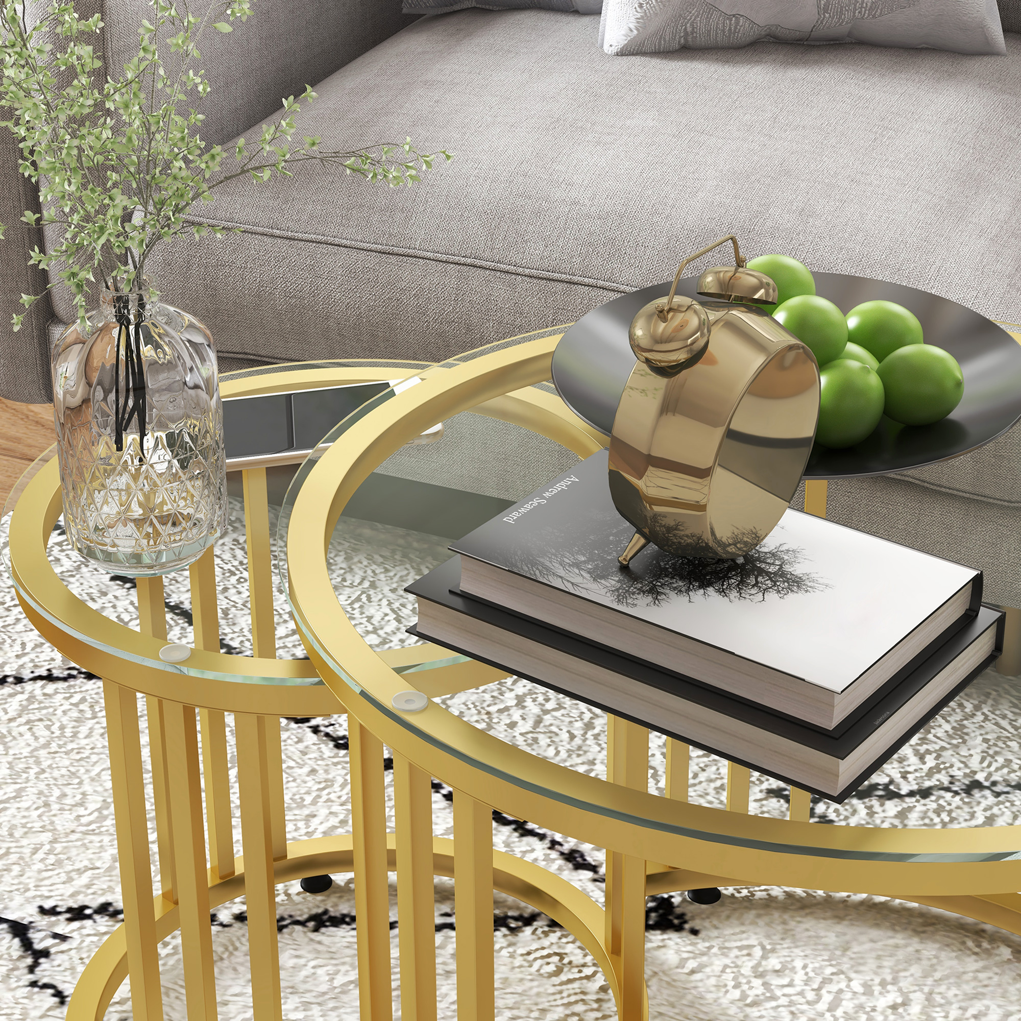 HOMCOM Round Coffee Tables Set of 2, Nesting Tables with Tempered Glass Top and Steel Frame, 60cmx60cmx47cm, Gold Tone 8