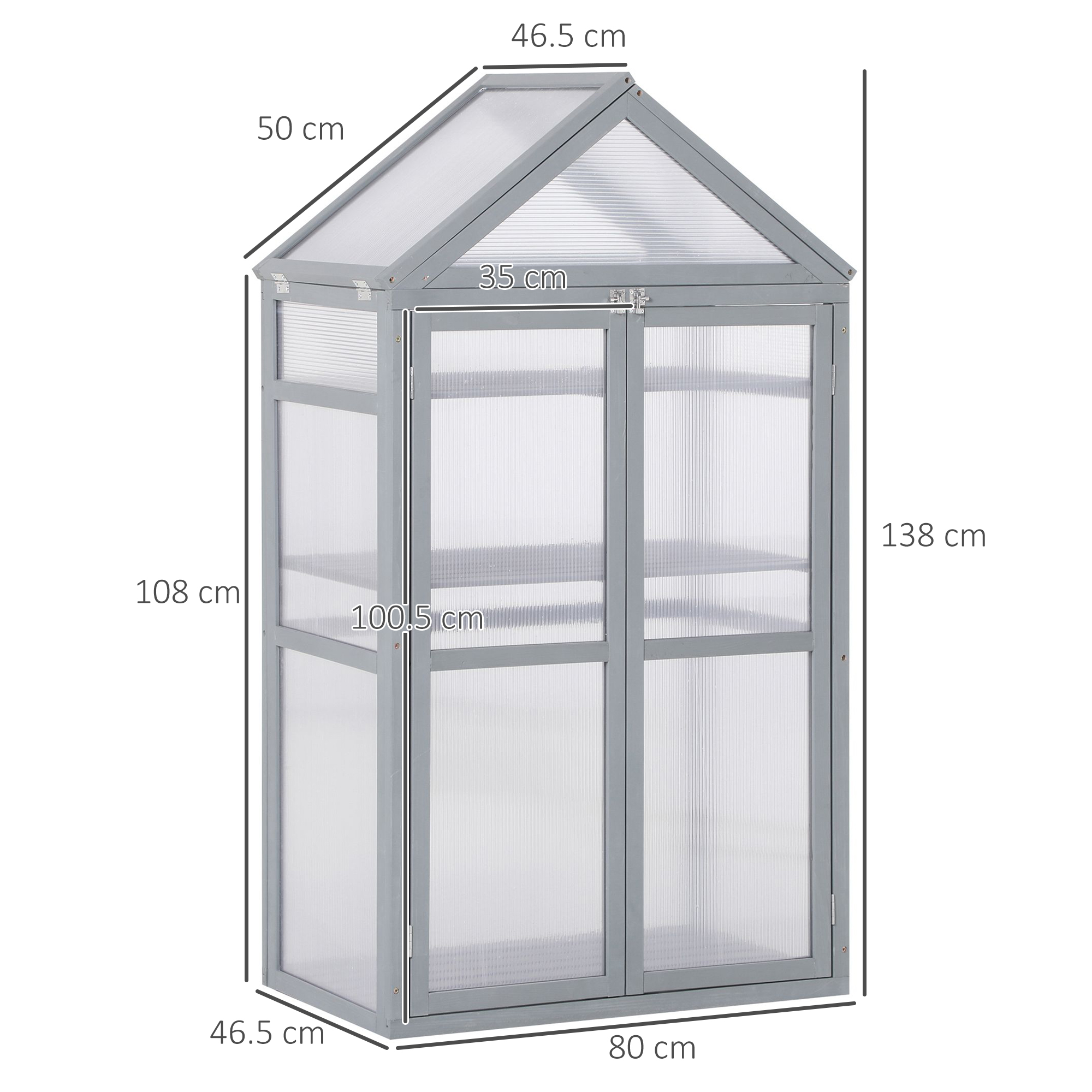 Outsunny Garden Cold Frame Polycarbonate Greenhouse with Adjustable Shelves, Double Doors, Openable Top Covers, Grow House for Flower Vegetable Plants, 80 x 47 x 138cm, Grey 3