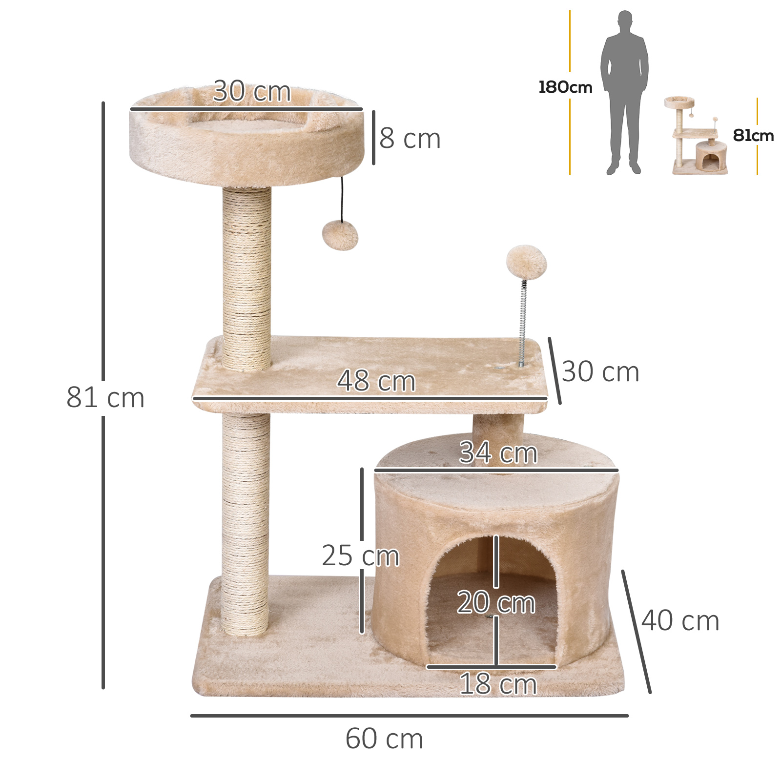 PawHut Cat Tree for Indoor Cats with Scratching Post Climbing Tower Kitty Activity Centre Condo Perch Jumping Platforms Beige 60L x 40W x 81H cm 3