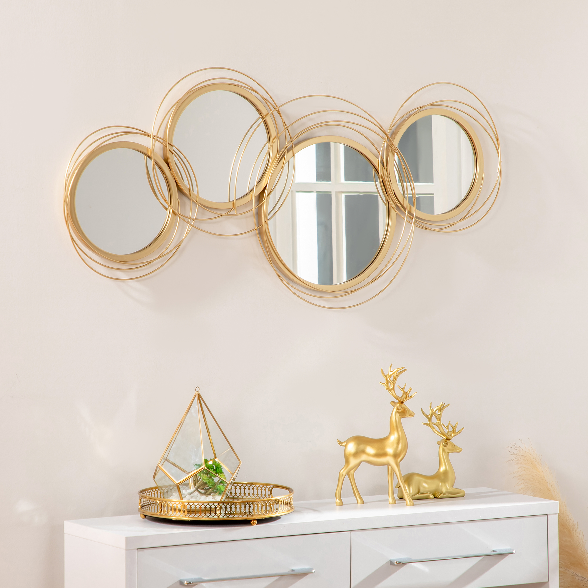 HOMCOM Metal Wall Mirrors, 107cm Modern Decorative Gold Mirror Decor Hanging, Home Wall Sculptures for Living Room Bedroom Dining Room 2