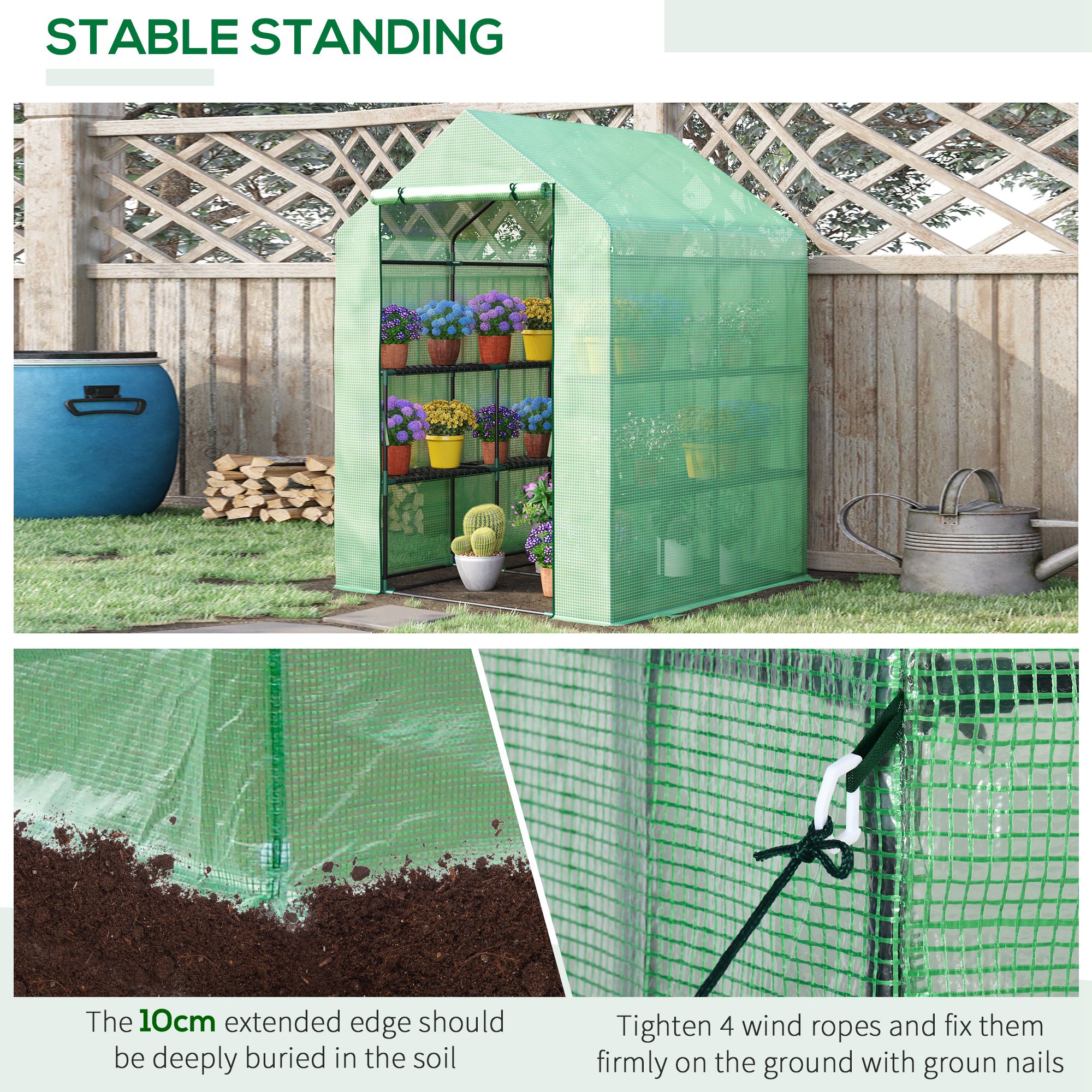 Outsunny Walk in Greenhouse with Shelves Steeple Green House for Garden Grow House Removable Cover 143x138x190cm, Green 7