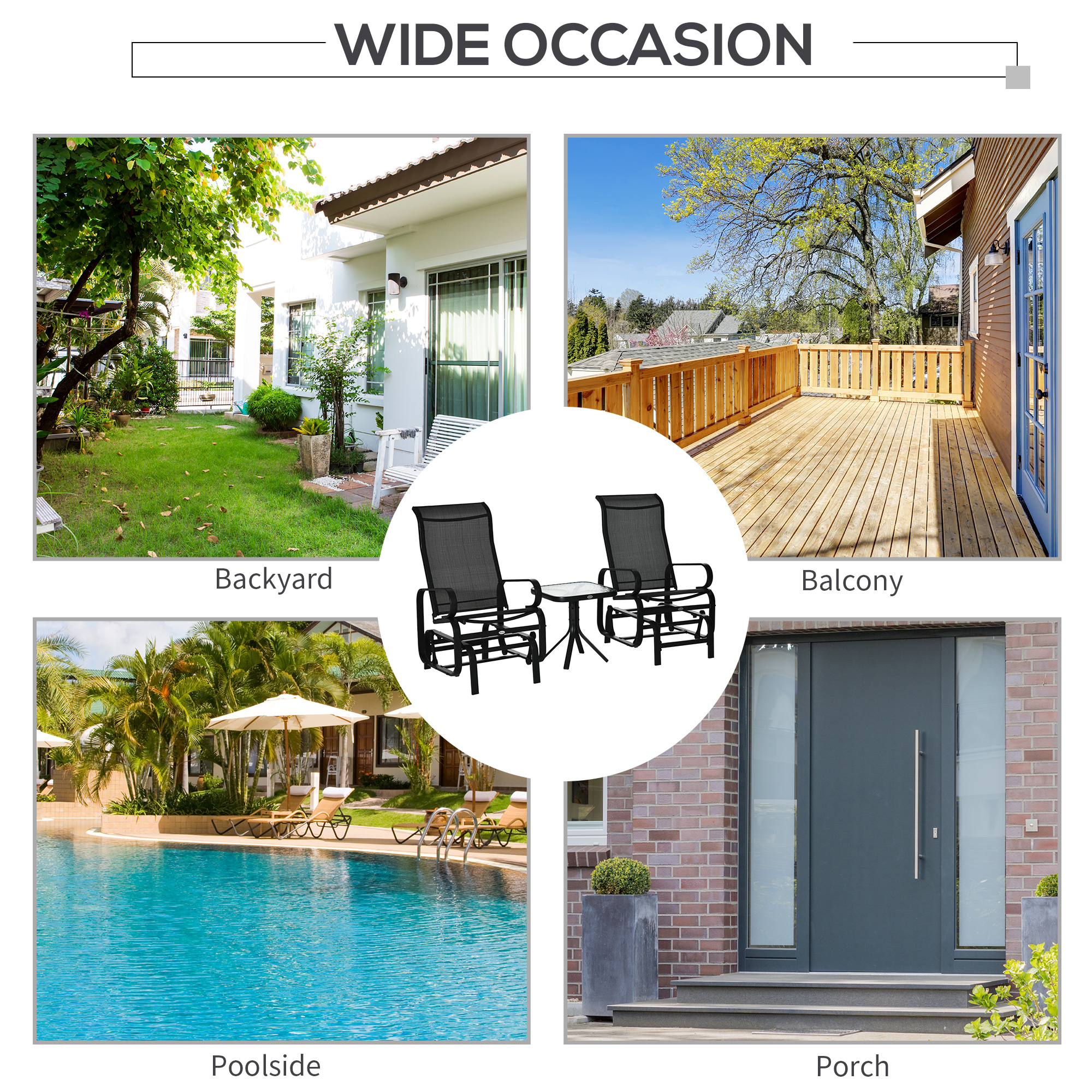 Outsunny 3 Pieces Garden Gliding Chair Set, Metal Frame 2 Single Armchair Swing Seater and 1 Glass Top Coffee Table w/ Breath Mesh Fabric Seat, Black 7