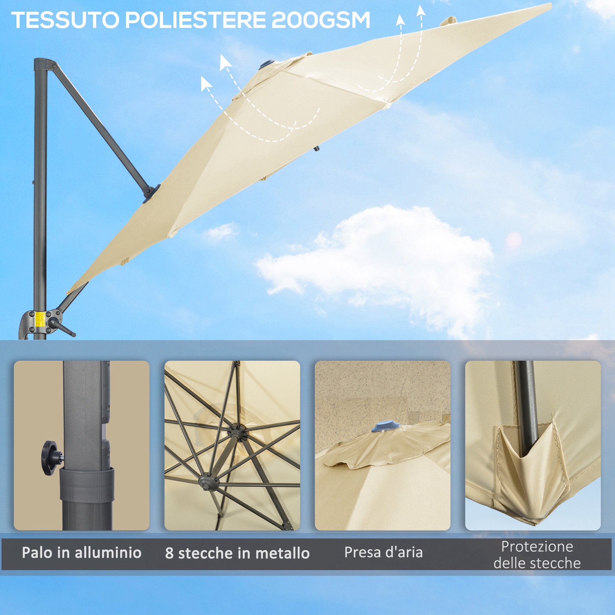 Outsunny Ombrellone Girevole 180° E Regolabile In Altezza – 150x205 Cm – Protezione UV 50+ Con Struttura In Alluminio – Beige
