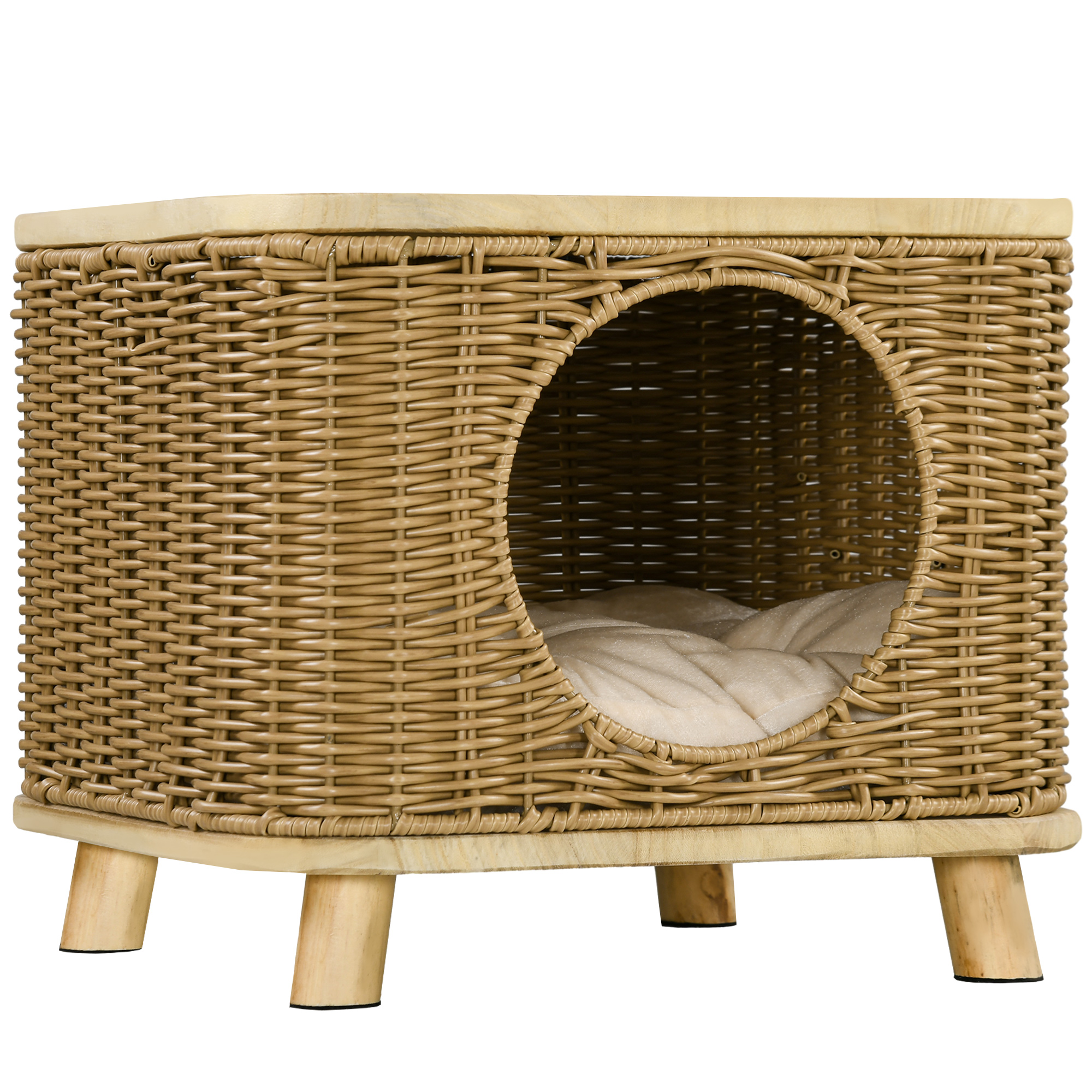 PawHut Elevated Design Wicker Cat House with Washable Cushion, Light Brown Aosom UK