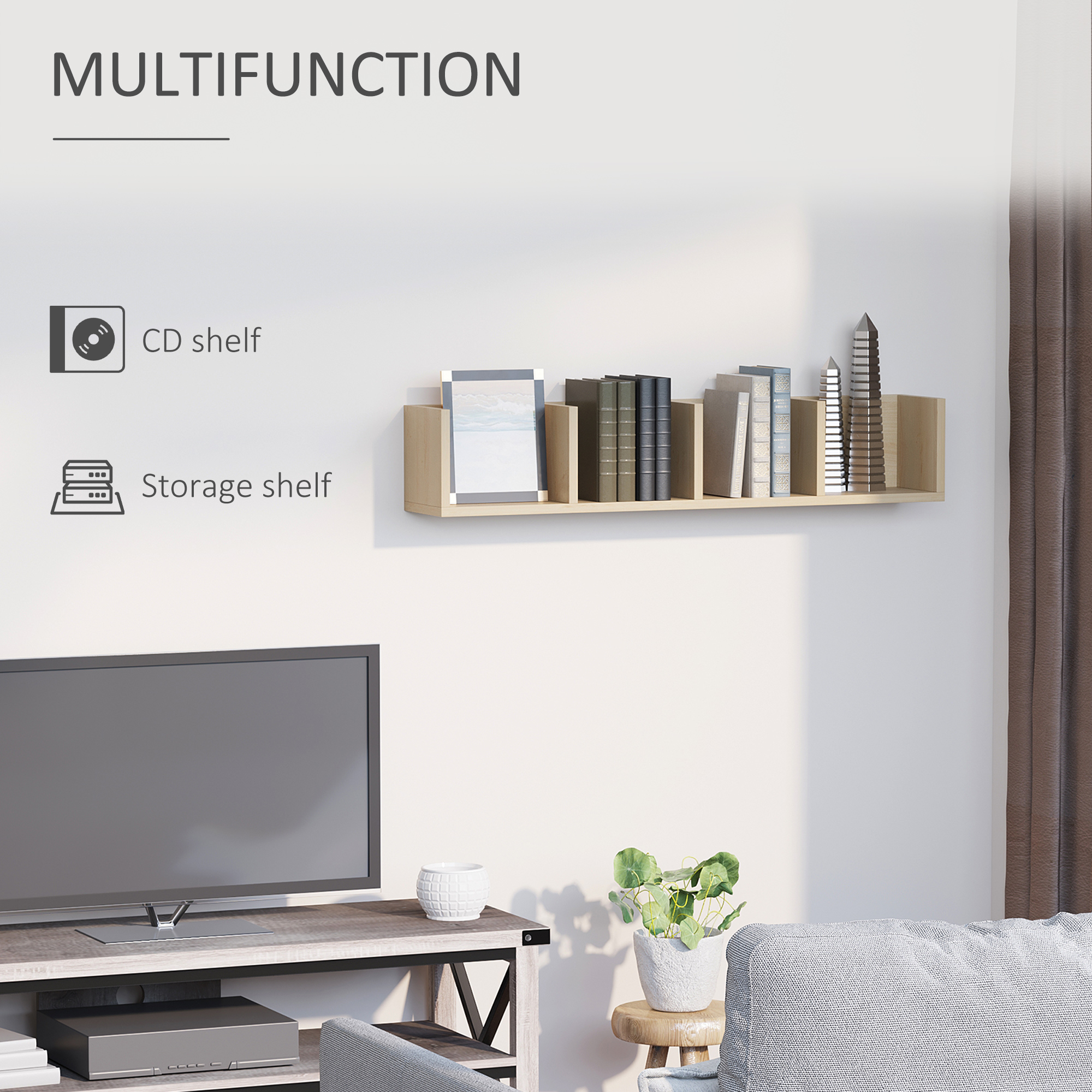 HOMCOM Wall Mount 84 CD / 56 DVD/Blu-ray/ Media Storage Rack 4 Cubes Wooden Shelf Organizer Unit Bookcase Display (Natural Wood Colour) 5