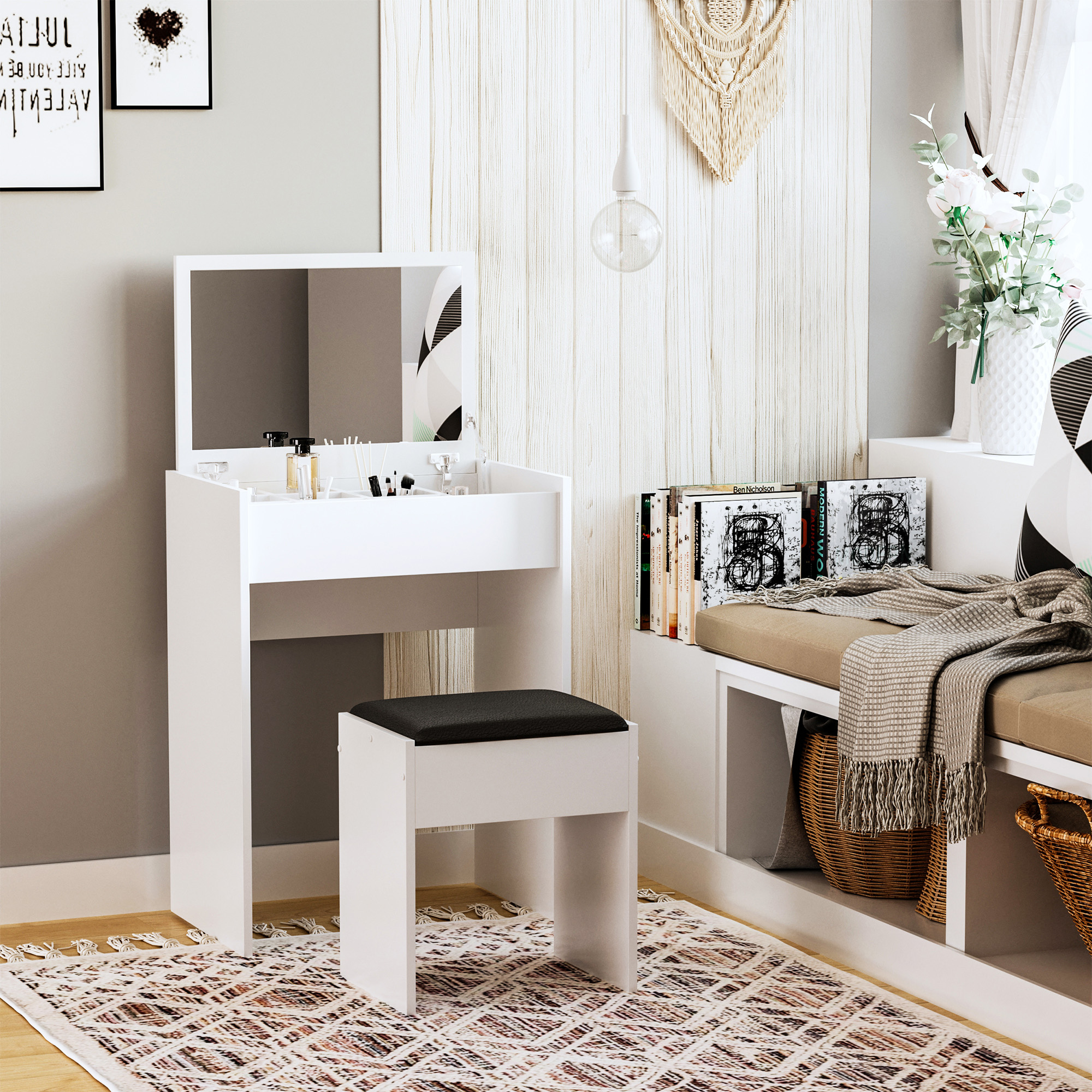 HOMCOM Dressing Table with Mirror and Stool, Vanity Makeup Table with Flip Up Mirror, Vanity Desk with Storage Unit and Padded Seat, White 2
