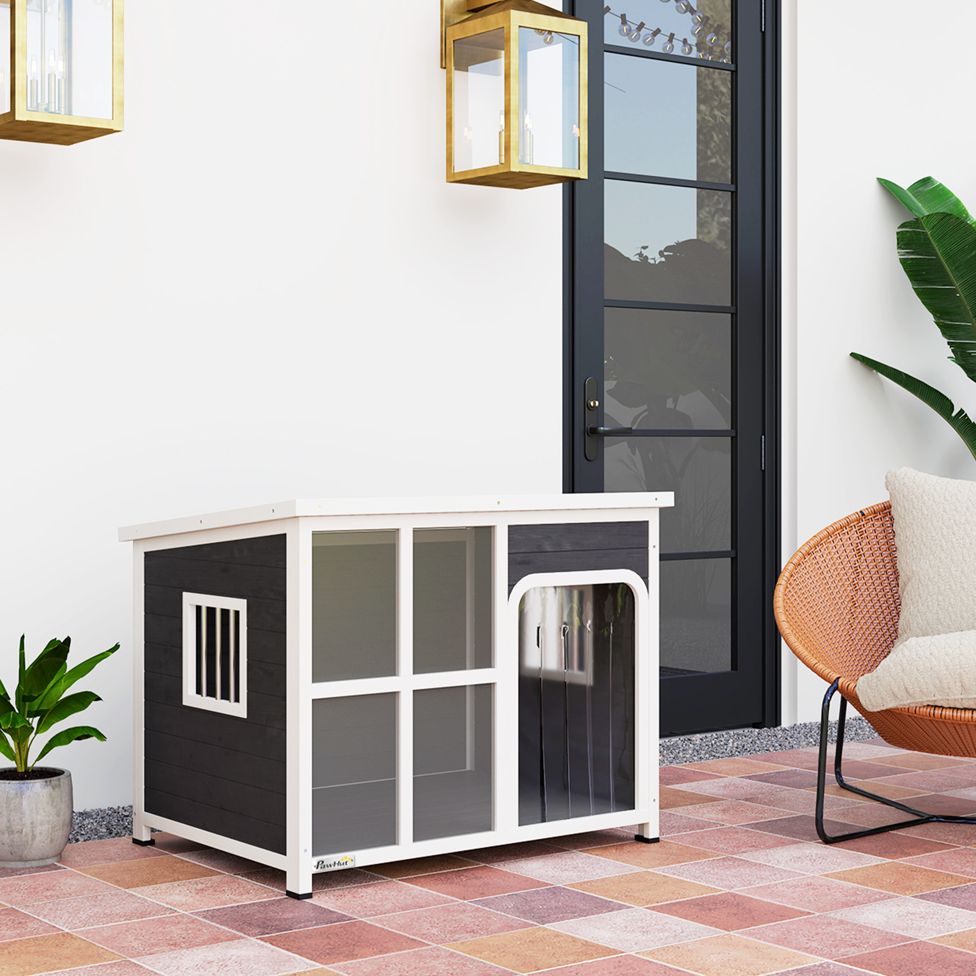 PawHut Wooden Outdoor Dog House, with Asphalt Openable Top, Removable Floor, Clear Front Panel, Curtain, 103 x 77 x 83cm 8